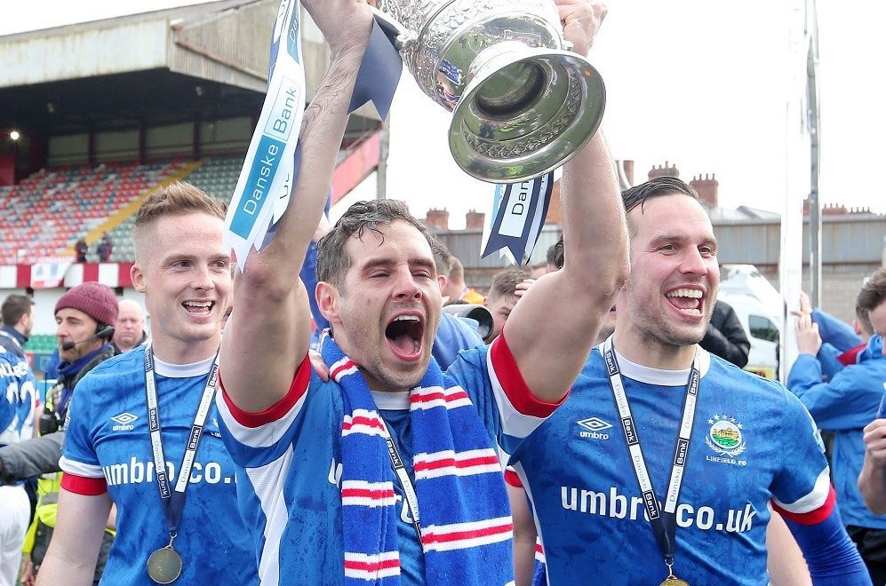 Linfield celebrate last season’s title success and could now face Celtic.