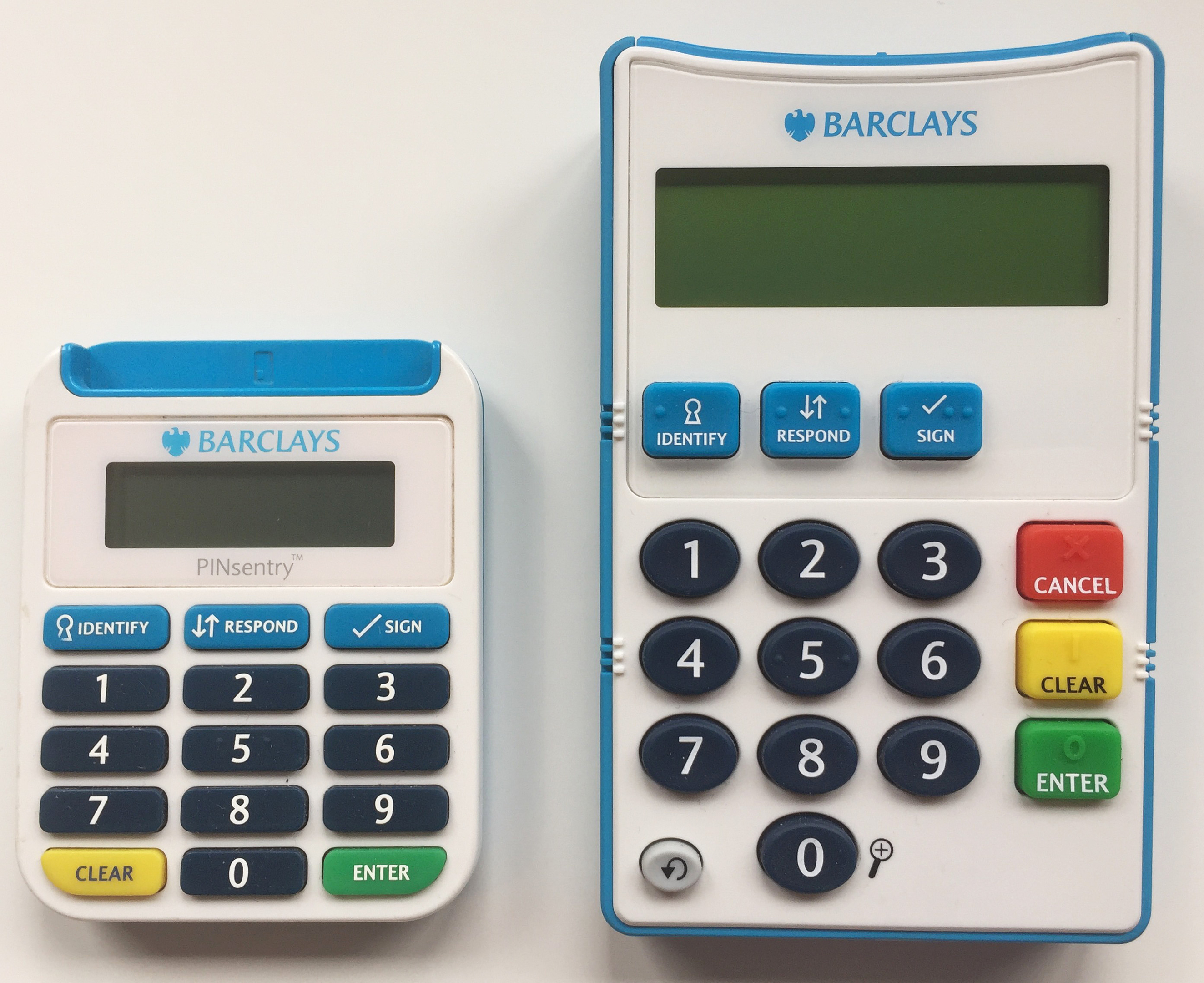 A new talking card reader (right) with "super-sized" features to help customers with sight and dexterity issues to access its services more easily. (Barclays/PA Wire)