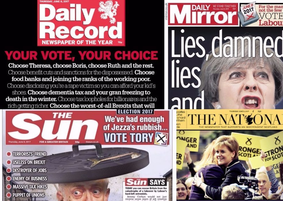 The Daily Record, Daily Mirror, The Sun and The National Front Pages on the morning of the General Election