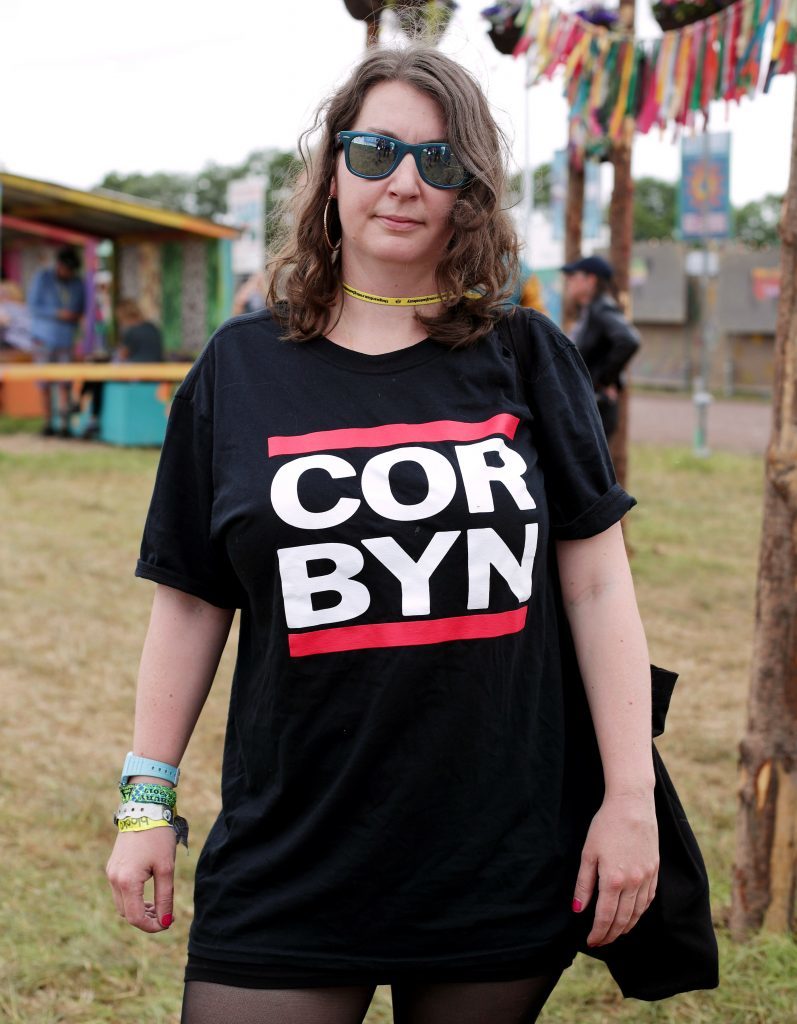 Festivalgoer Cara Cane wearing a Jeremy Corbyn t-shirt at Glastonbury Festival, at Worthy Farm in Somerset. (Yui Mok/PA Wire)