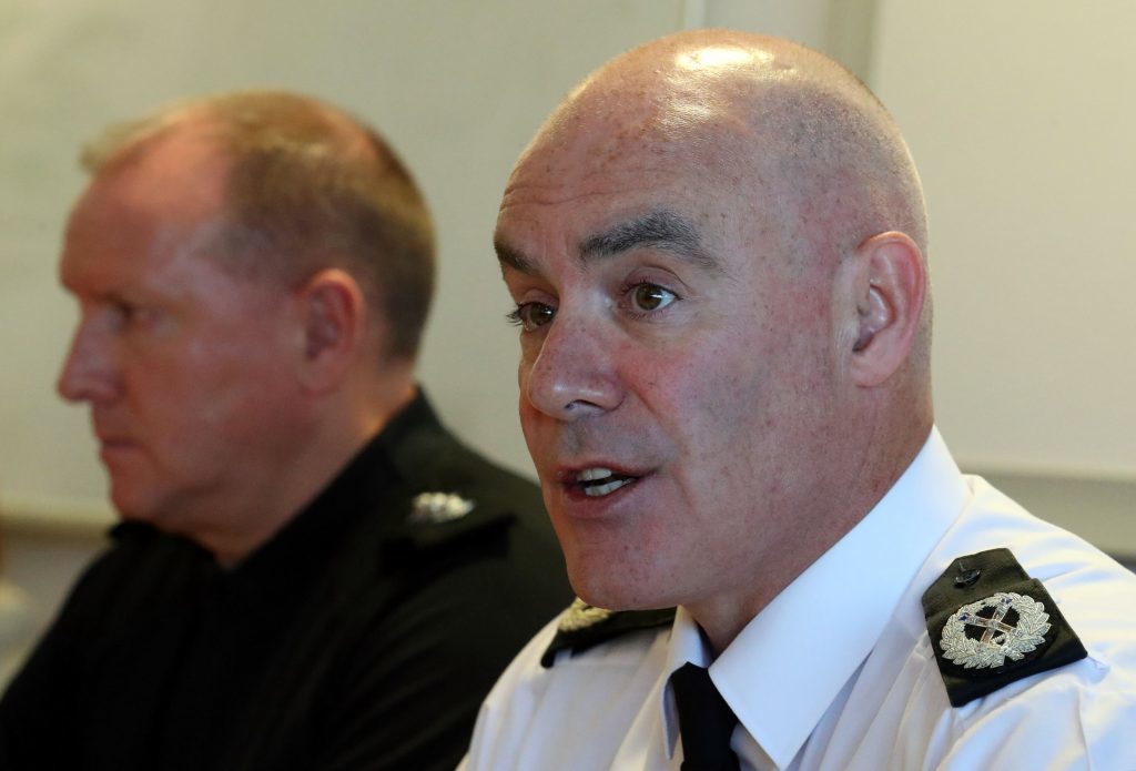 Police Scotland Assistant Chief Constable Bernard Higgins(R) with Chief Inspector David Gray from the British Transport Police as they discuss policing arrangements at Policing Complex in Glasgow, ahead of a weekend of high profile sporting events. (Andrew Milligan/PA Wire)