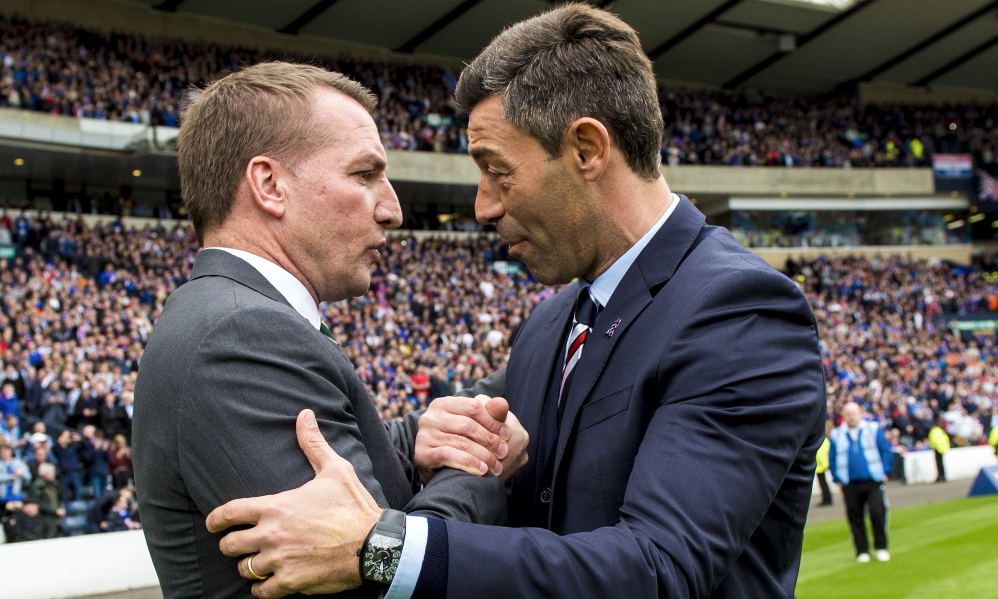 Celtic manager Brendan Rodgers (left) with Pedro Caixinha before the match (SNS)