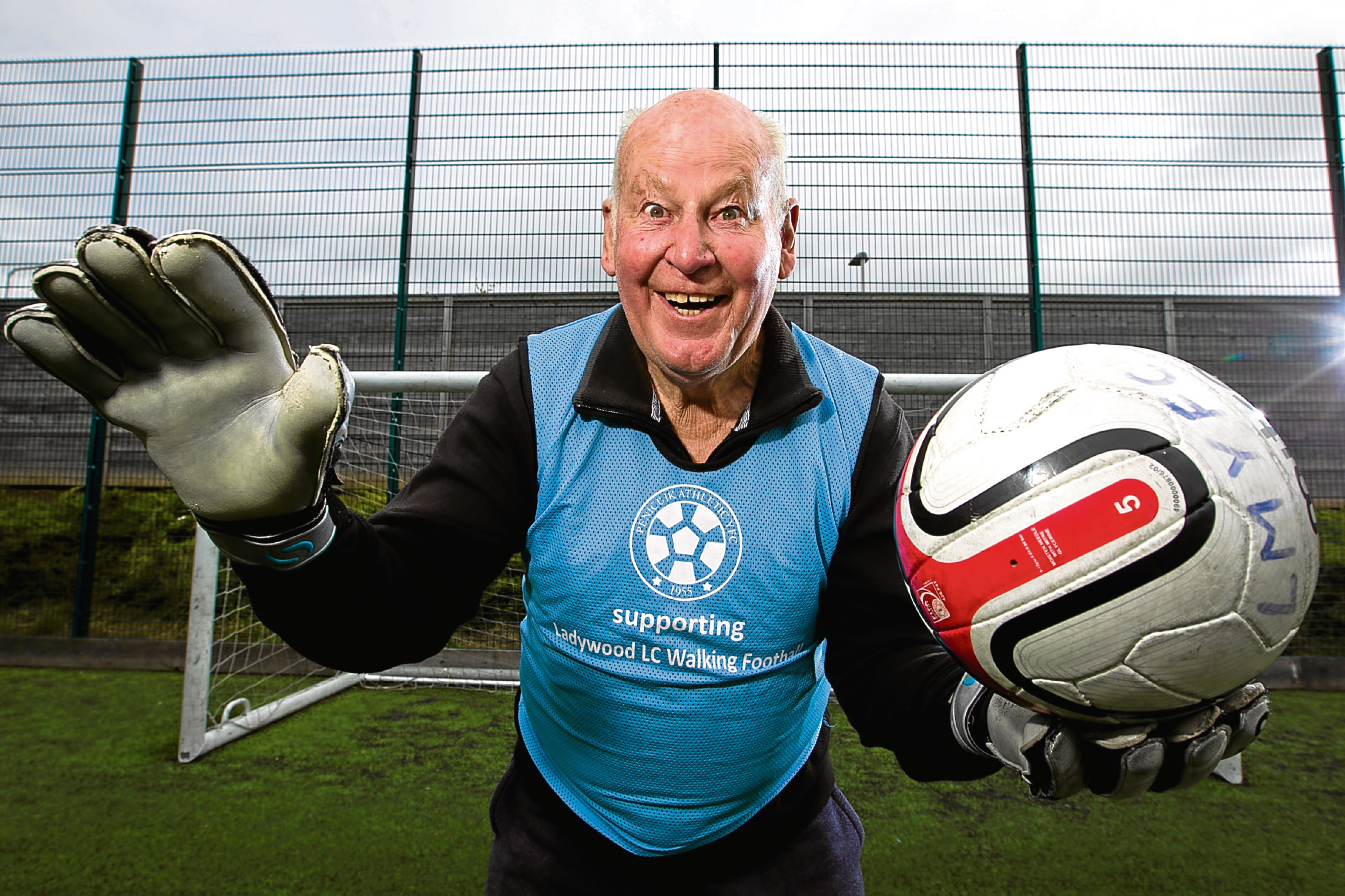 Peter Collins, 85 year old goal keeper who play walking football every week. He and his team recently won the Scottish Walking Football Championships. (Andrew Cawley)
