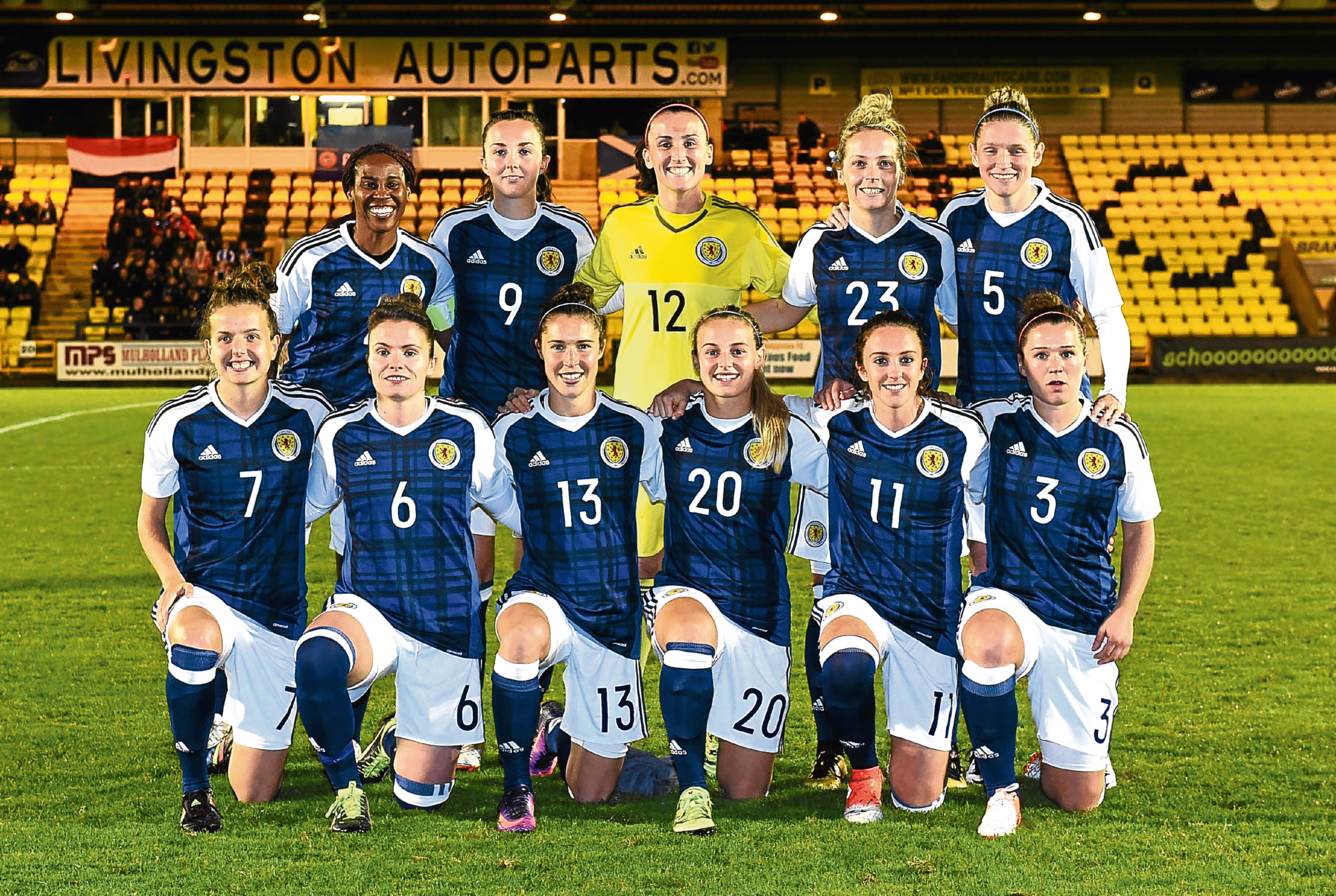 (Back L-R) Scotland's Ifeoma Dieke, Caroline Weir, Scotland goalkeeper Shannon Lynn, Joelle Murray and Leanne Ross (Front L-R) Scotland's Hayley Lauder, Joanne Love, Jane Ross, Kirsty Smith, Lisa Evans and Emma Mitchell