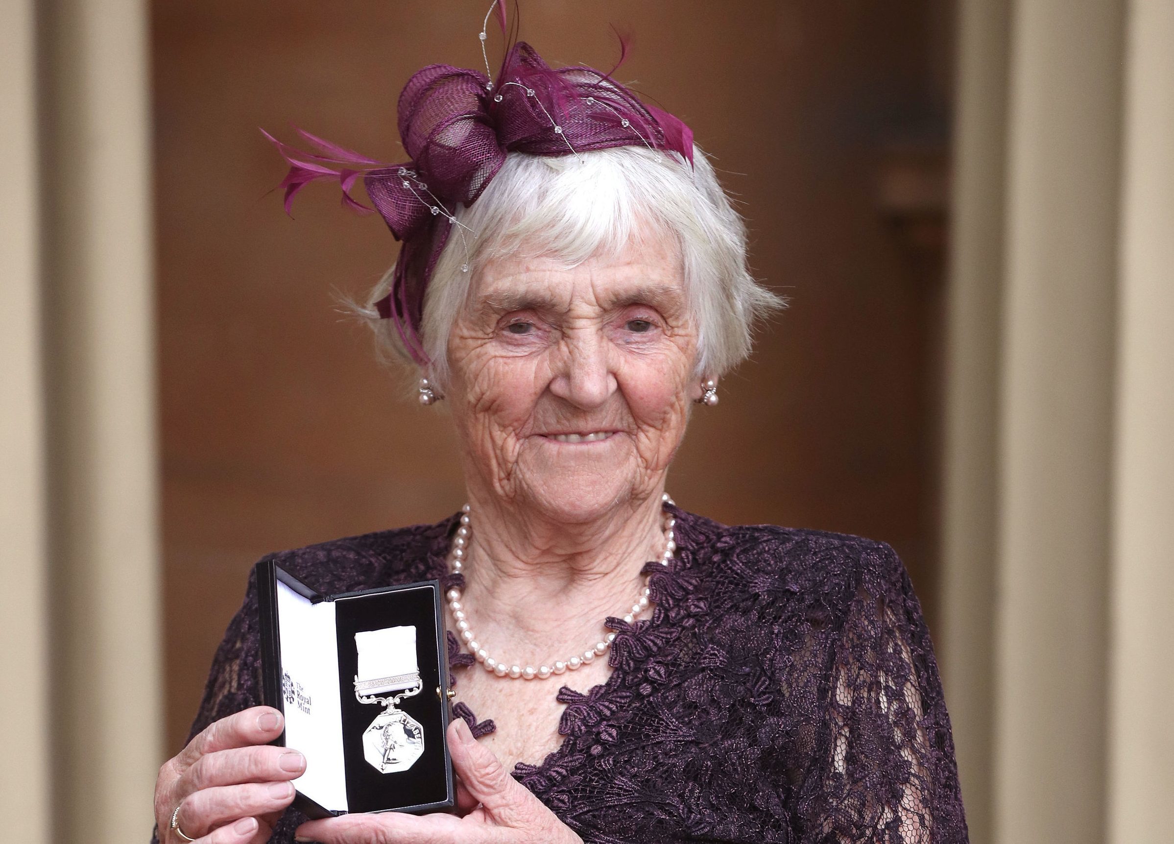 Myrtle Simpson poses after she was awarded The Polar Medal by the Duke of Cambridge during an Investiture ceremony at Buckingham Palace (Jonathan Brady - WPA Pool / Getty Images)