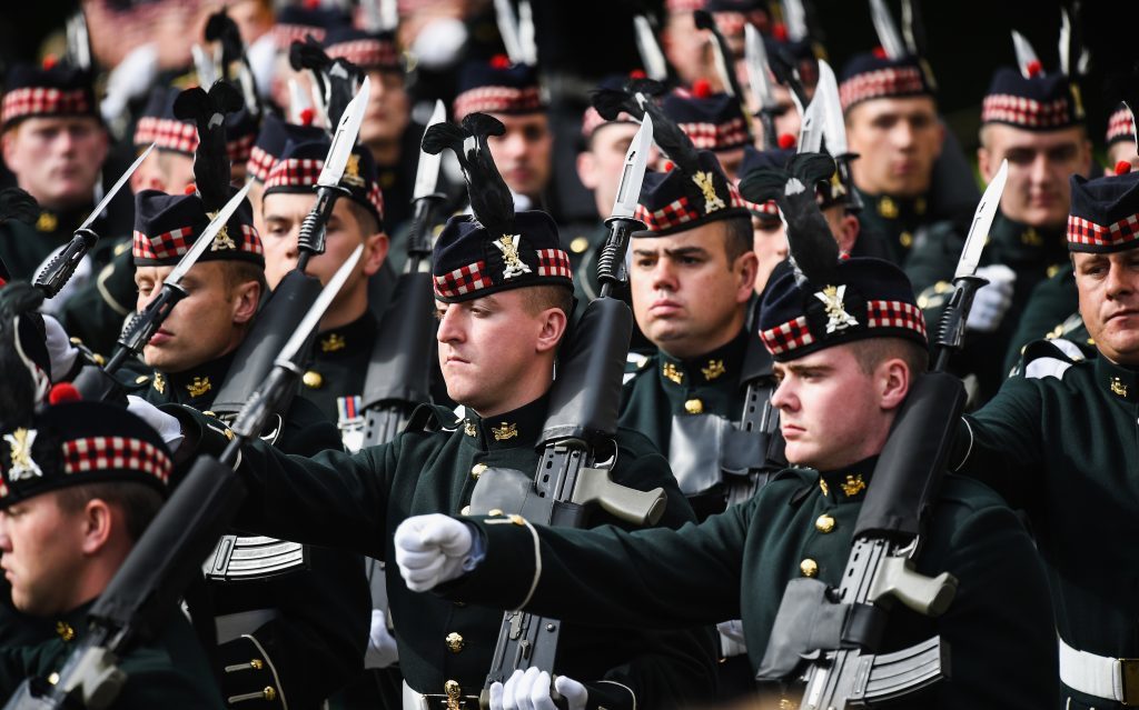 The guard of honour, Balaklava Company, The Argyll and Sutherland Highlanders, 5th Battalion The Royal Regiment of Scotland is inspected by Queen Elizabeth II during the traditional Ceremony of the Keys at Holyroodhouse (Jeff J Mitchell/Getty Images)