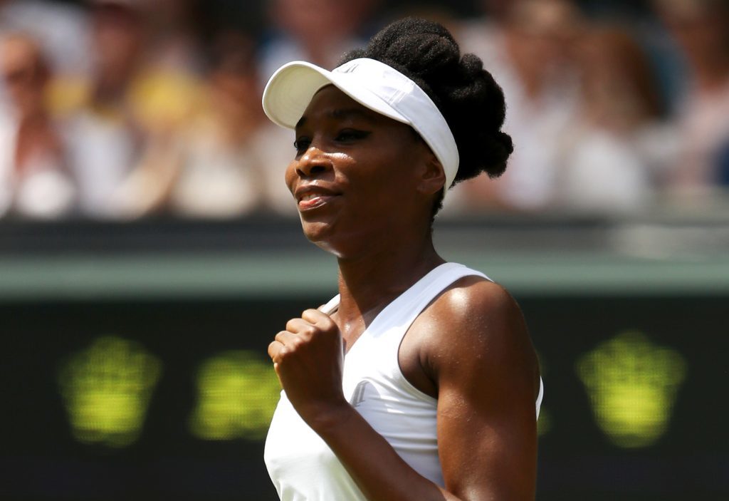 Venus Williams celebrates victory during the Ladies Singles fourth round match against Ana Konjuh of Croatia on day seven of Wimbledon (Julian Finney/Getty Images)