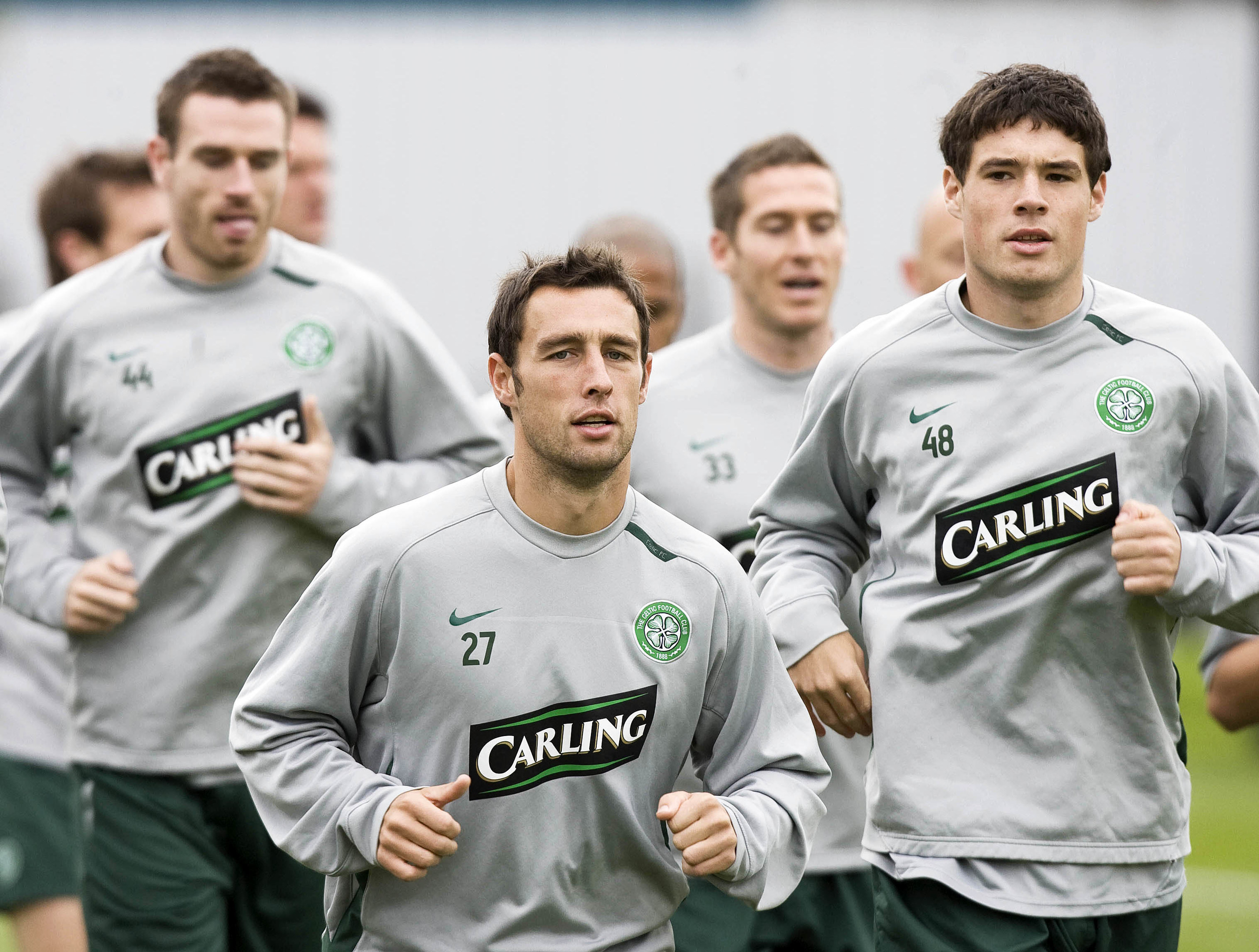 Celtic's Scott McDonald (centre) and Darren O'Dea (right) lead the way during training (SNS)