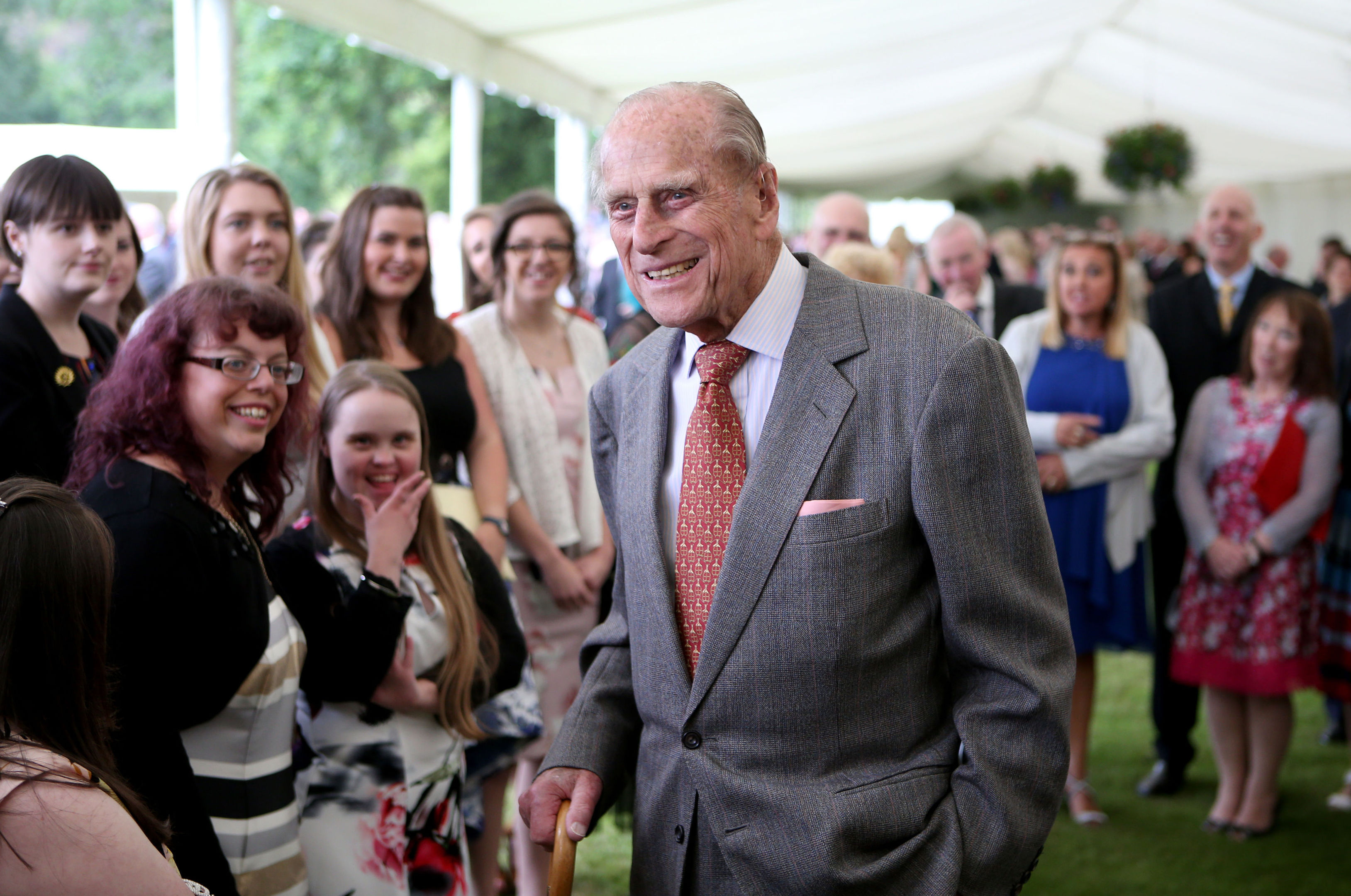 The Duke of Edinburgh attends the Presentation Reception for The Duke of Edinburgh Gold Award holders in the gardens at the Palace of Holyroodhouse in Edinburgh. (Jane Barlow/PA Wire)