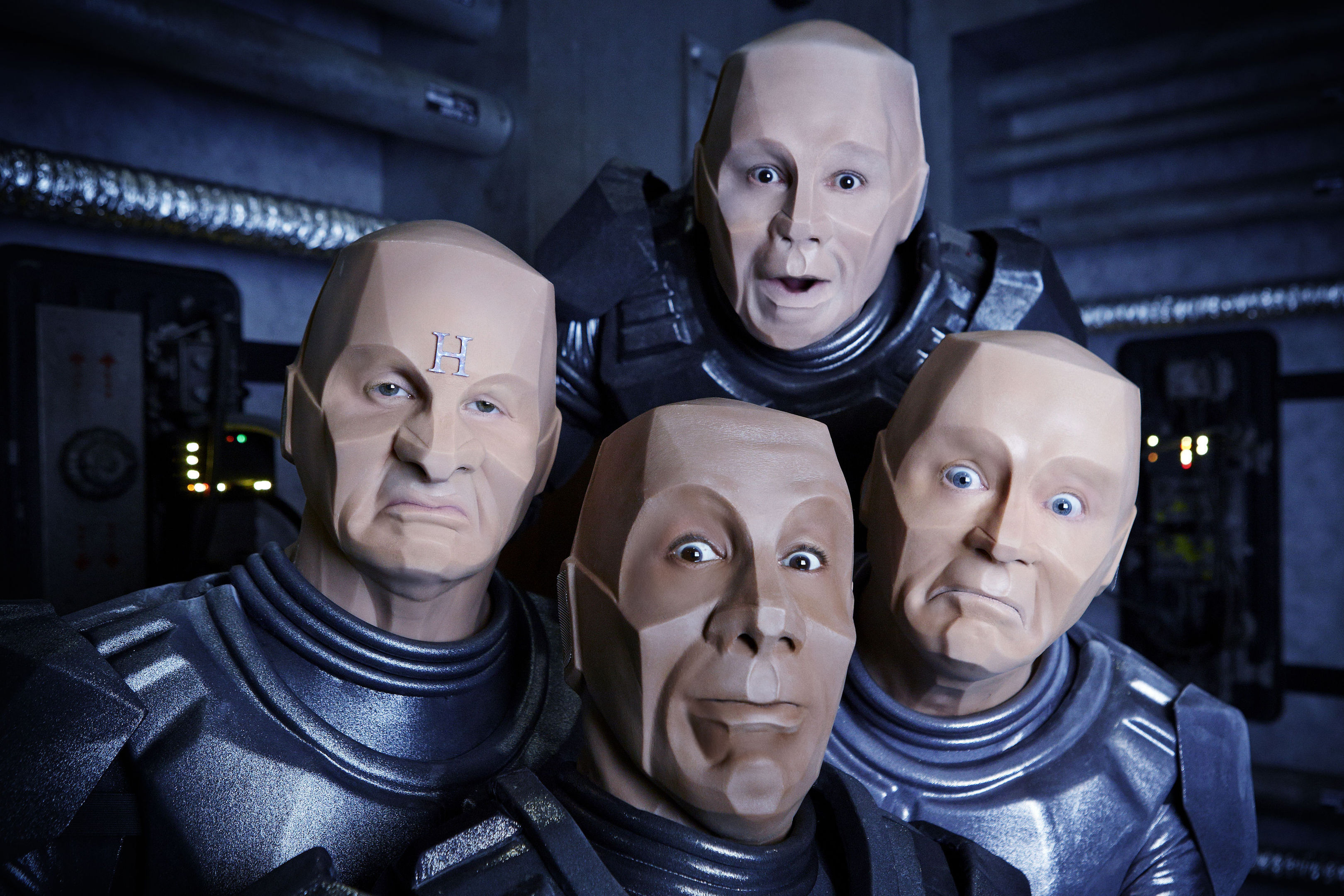 The cast - Craig Charles, and Chris Barrie, Danny John-Jules - spent hours in make-up to be transformed into mechanoids, a process usually only endured by Robert Llewellyn (UKTV/PA Wire)