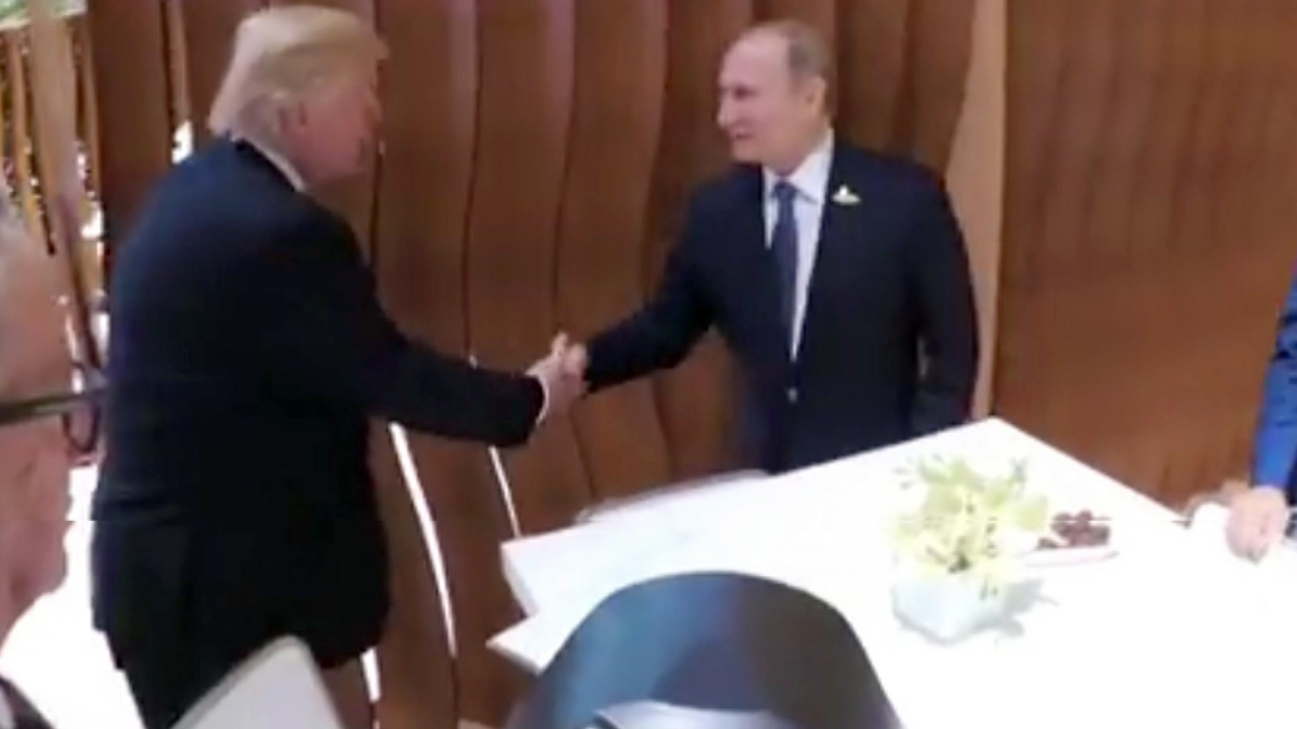 US President Donald Trump shakes hands with Russian President Vladimir Putin at the G20 summit (Steffen Kugler/German Government via AP)