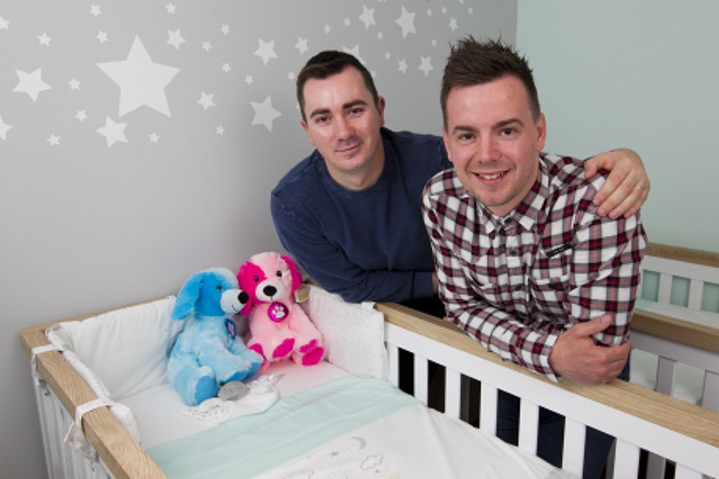 Ryan Walker (tartan shirt) and Chris Watson (blue jumper), who are to be the first gay couple in Scotland to have twin babies via a surrogate mother through fertility clinic, GCRM. (Andrew Cawley, DC Thomson)