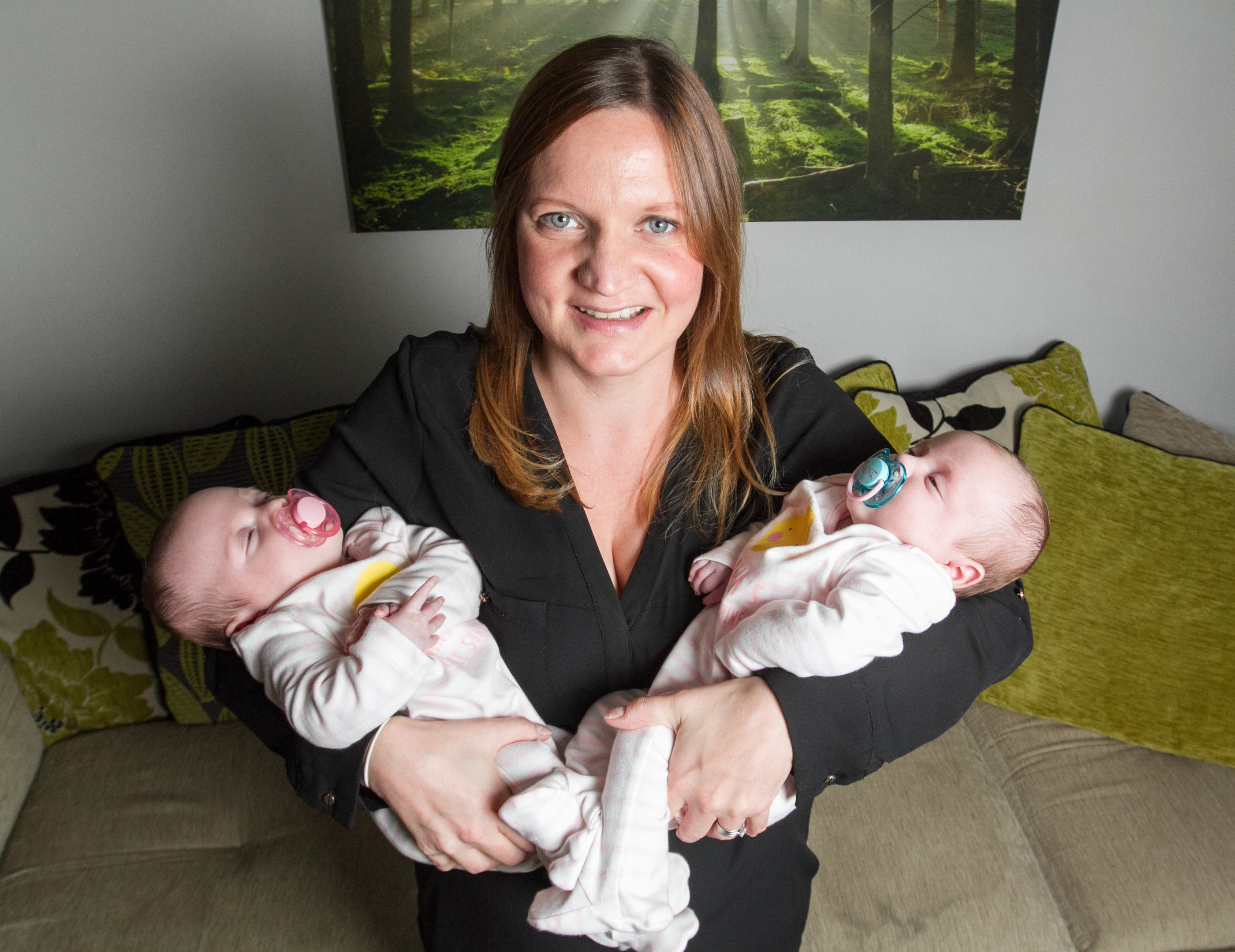 Catherine Hynland with newborn twins Lottie and Zara Hynland. The twin girls aged seven weeks survived meningitis at just 17 days old. (Sunday Post)