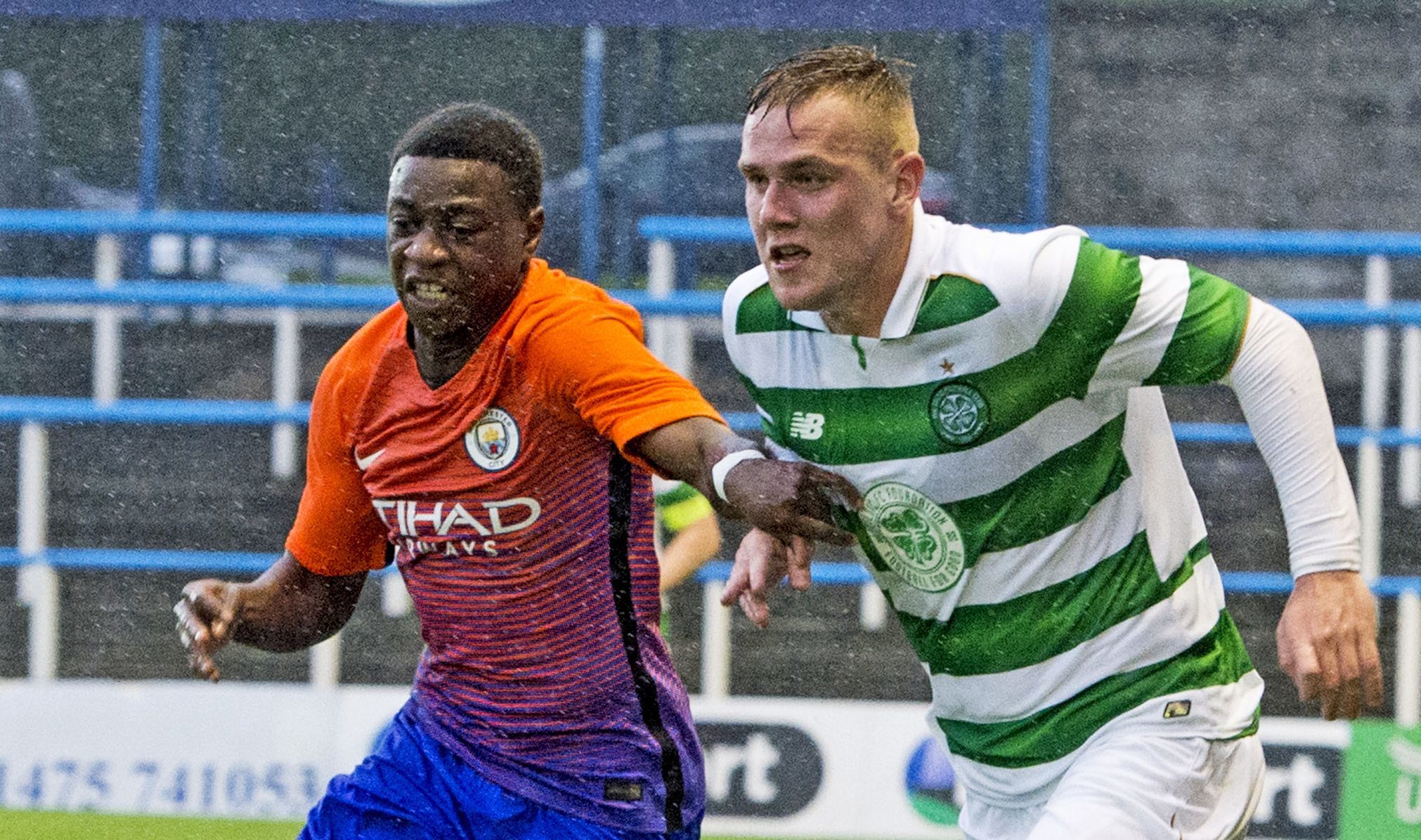 Manchester City youngster Aaron Nemane (left) in action against Celtic's youth team last year (SNS Group / Paul Devlin)