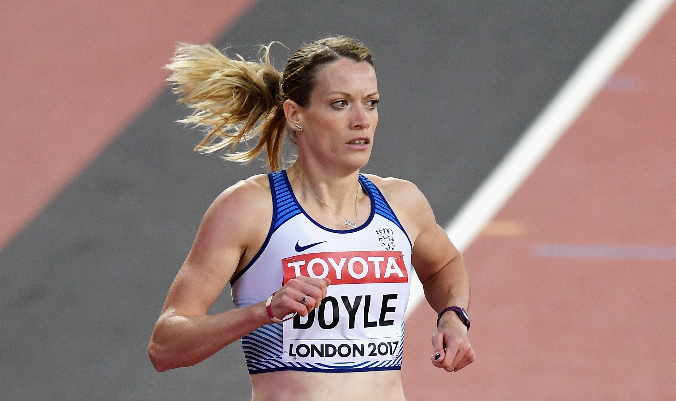Eilidh Doyle of Great Britain competes in the Women's 400 metres hurdles heats during day four of the 16th IAAF World Athletics Championships (David Ramos/Getty Images)
