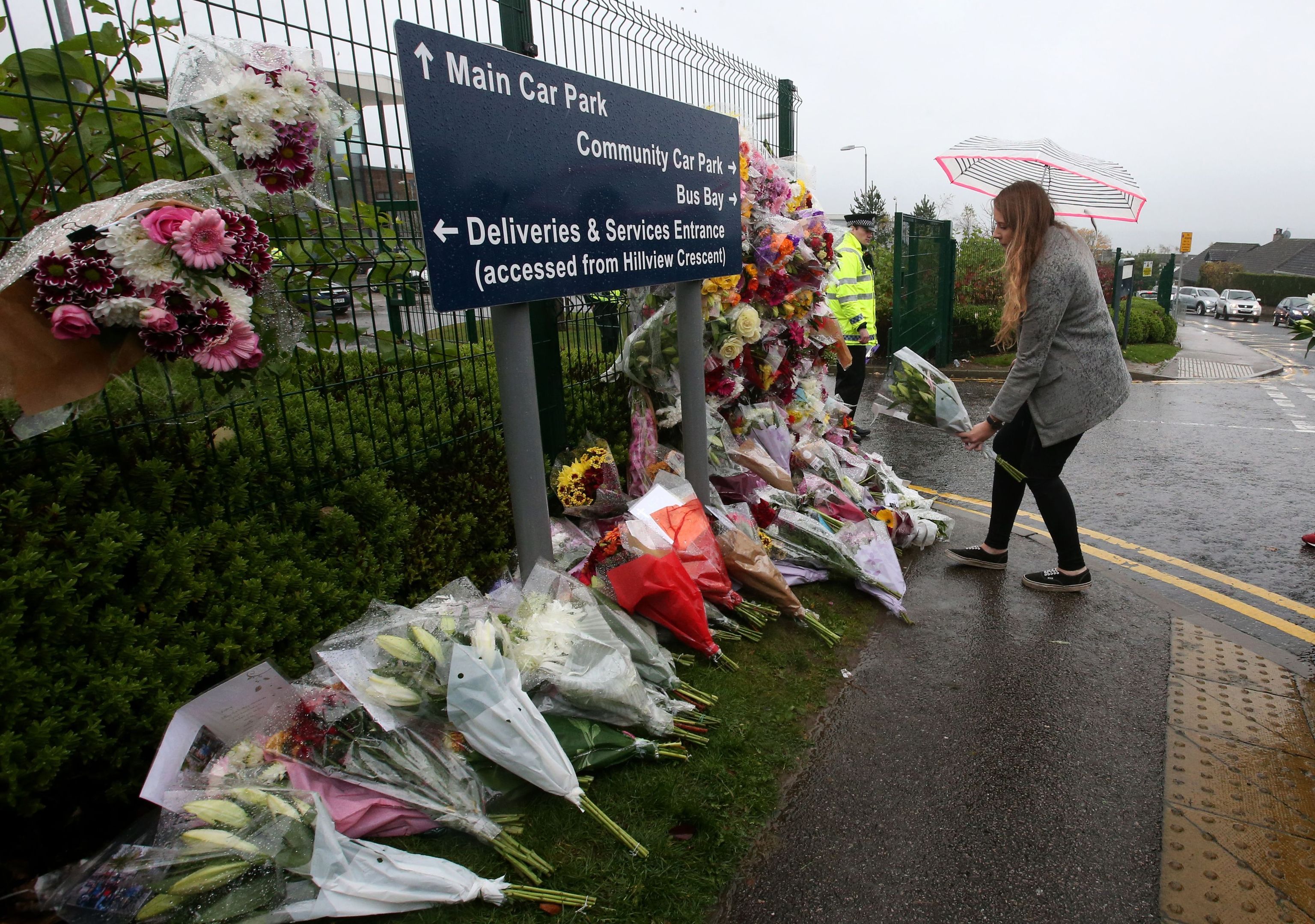 Flowers left outside Cults Academy in Aberdeen where 16 year old Bailey Gwynne died after being stabbed. (Andrew Milligan/PA Wire)