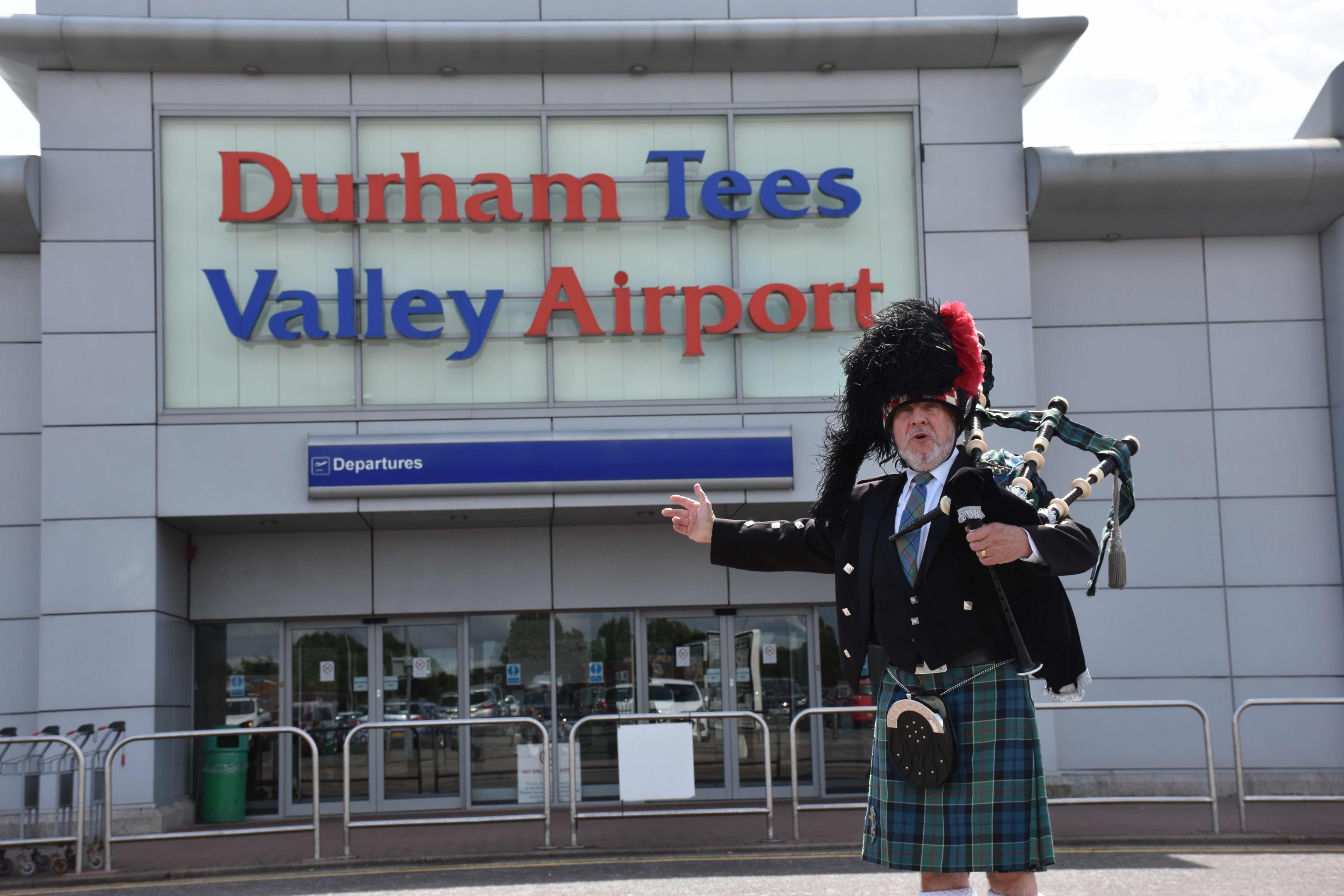 Derek Millmoor was booked to play for logan Air at Tees valley Airport, but security would not let him onto the tarmac, and he had to play outside the airport