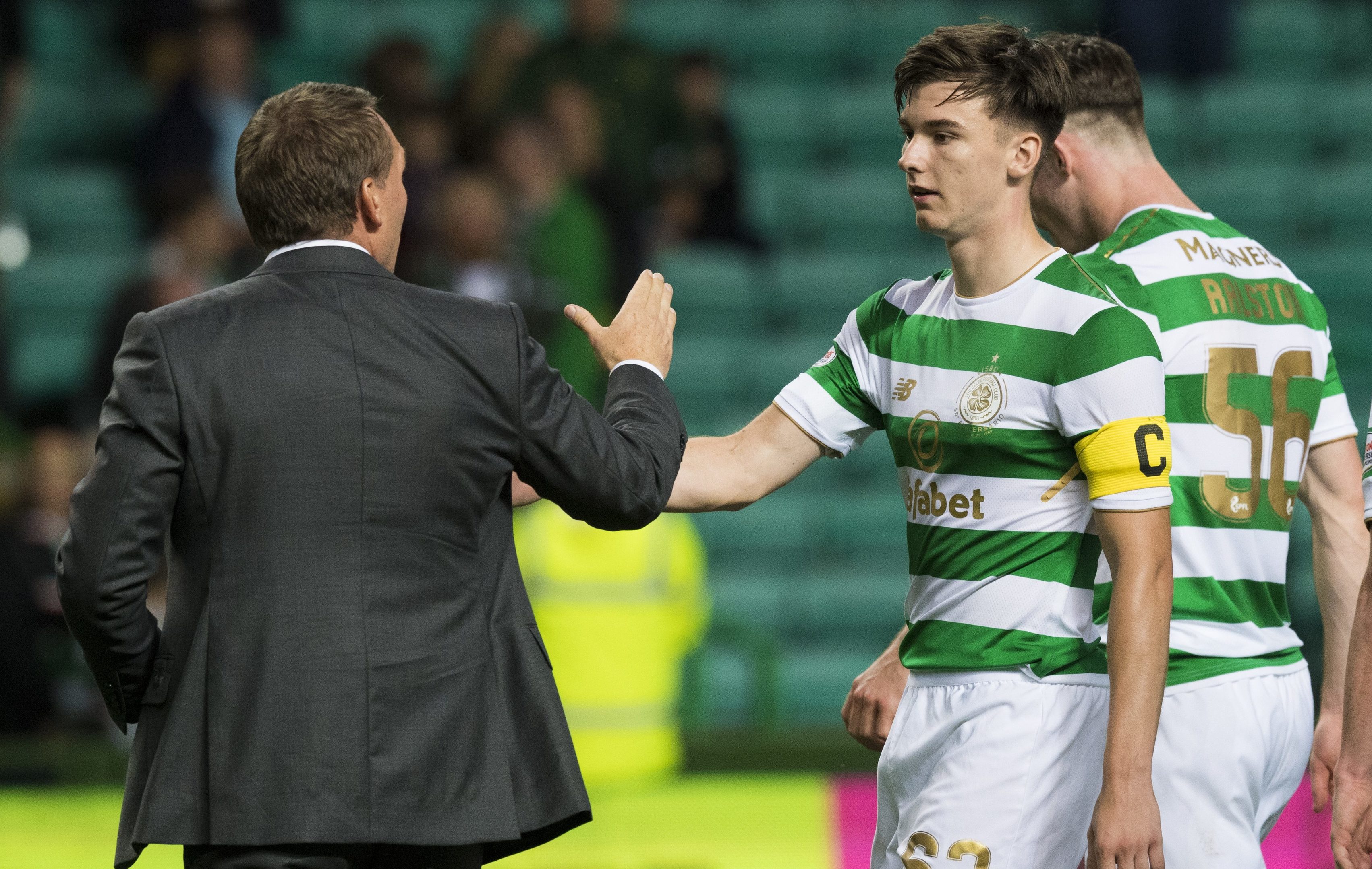 Celtic manager Brendan Rodgers embraces Kieran Tierney at full time (SNS Group)