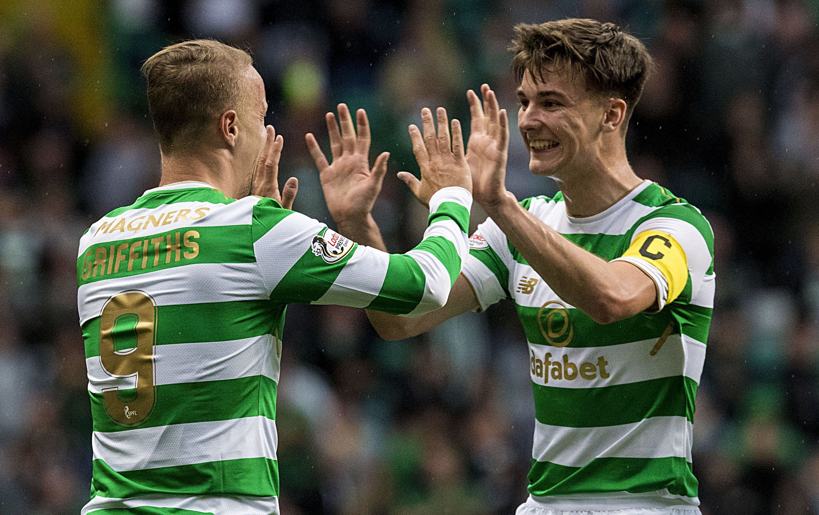 Celtic's Leigh Griffiths (left) and Kieran Tierney celebrate the Hoops' second goal (SNS Group / Alan Harvey)