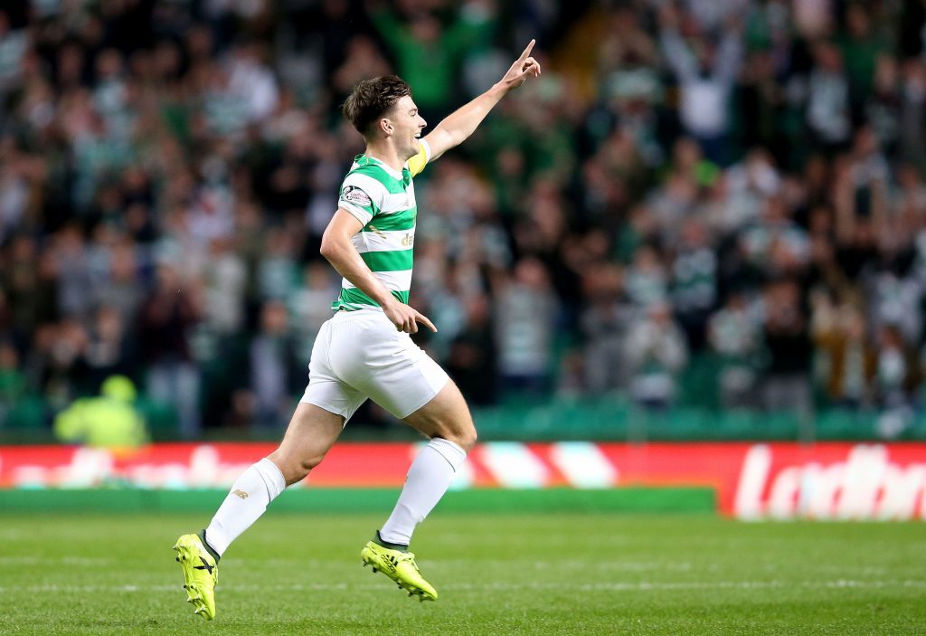 Celtic's Kieran Tierney celebrates scoring (Jane Barlow/PA Wire)
