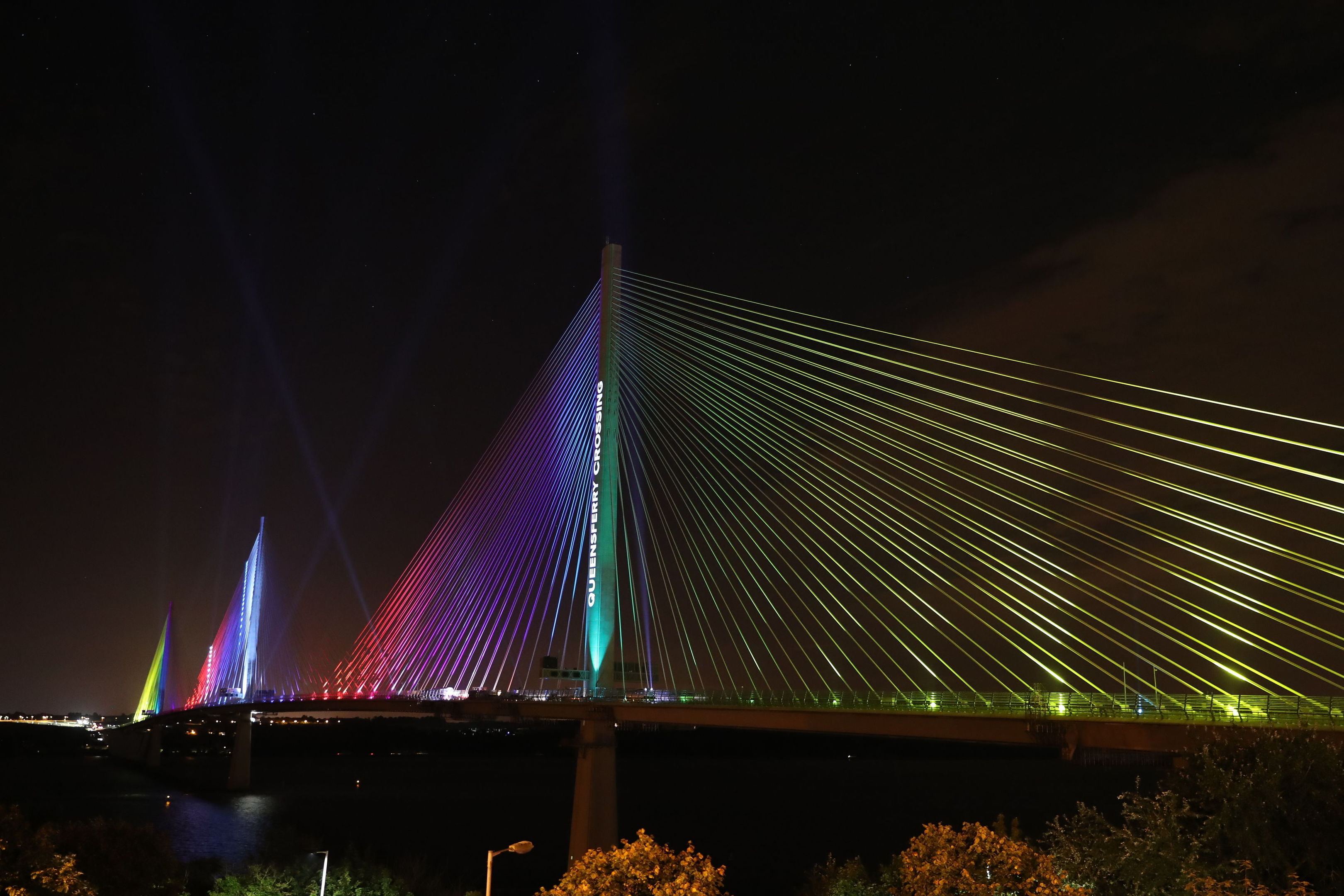 A view of the new Queensferry Crossing seen from North Queensferry, Scotland, as it is lit up during a ceremonial handover from the contractors to the Scottish Government ahead of it's official opening next month by Queen Elizabeth II on September 4. (Andrew Milligan/PA Wire)