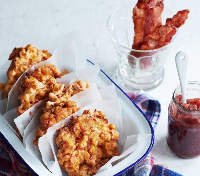 Sweetcorn fritters with bacon and tomato chutney (Milly's Real Food)
