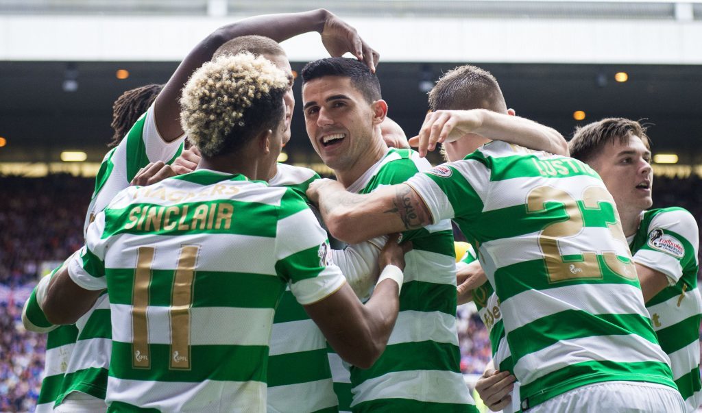 Celtic's Tom Rogic (centre) celebrates his goal with his team-mates (SNS)