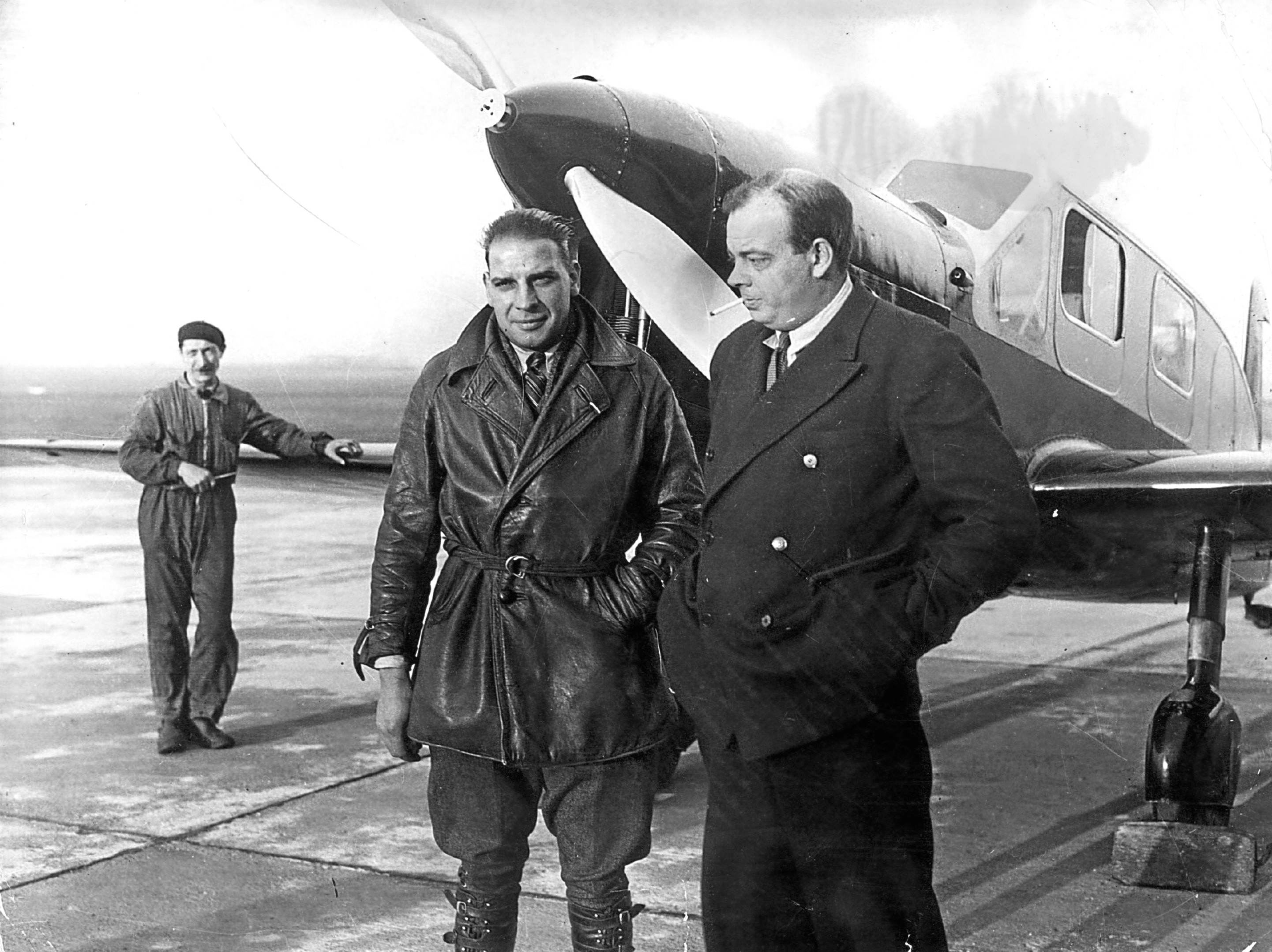 French novelist and airman Antoine de Saint-Exupery (1900 - 1944) with his mechanic Andre Prevot.  (Keystone/Getty Images)