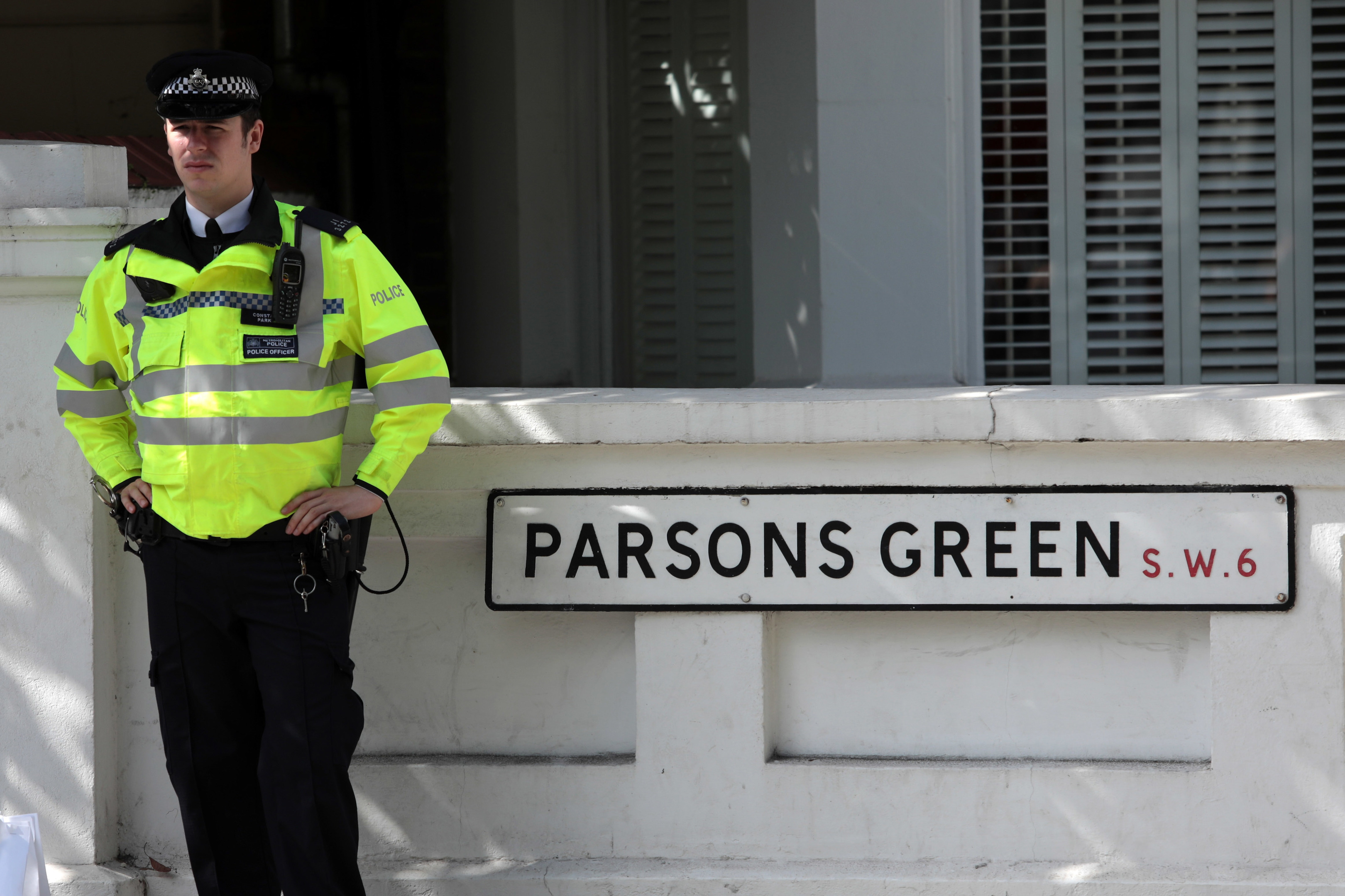 A police officer stands next to a street sign near Parsons Green Underground Station on September 15, 2017 in London, England. (Jack Taylor/Getty Images)