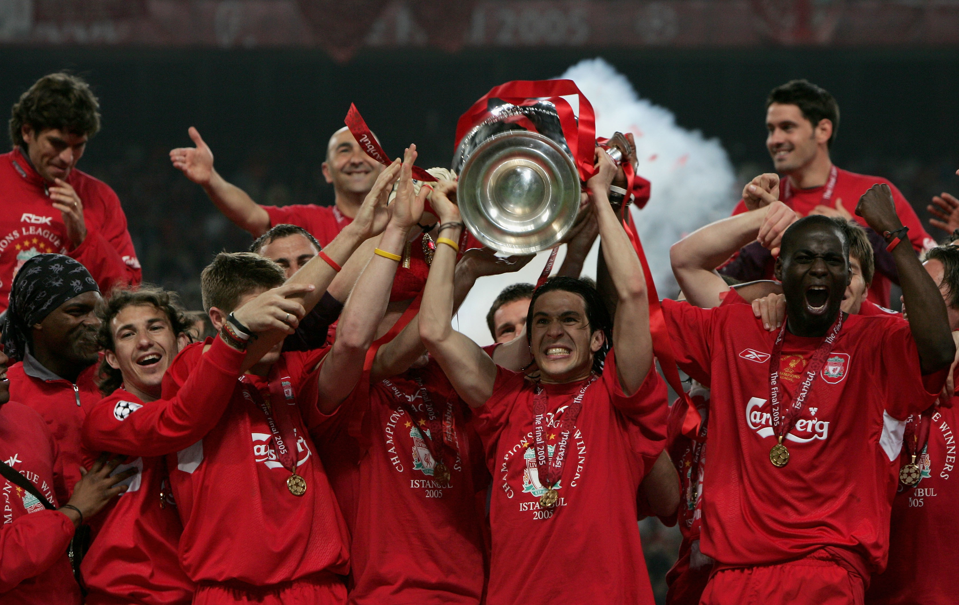 Liverpool forward Luis Garcia lifts the Champions League trophy in Istanbul (Clive Brunskill/Getty Images)