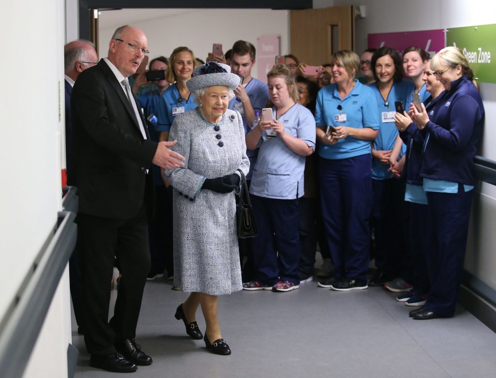 Queen Elizabeth II with NHS Grampian Reverend James Falconer, Healthcare Chaplain and project lead for the Robertson Family Roof Garden, during a visit to Aberdeen Royal Infirmary to open the roof garden (Andrew Milligan/PA Wire)