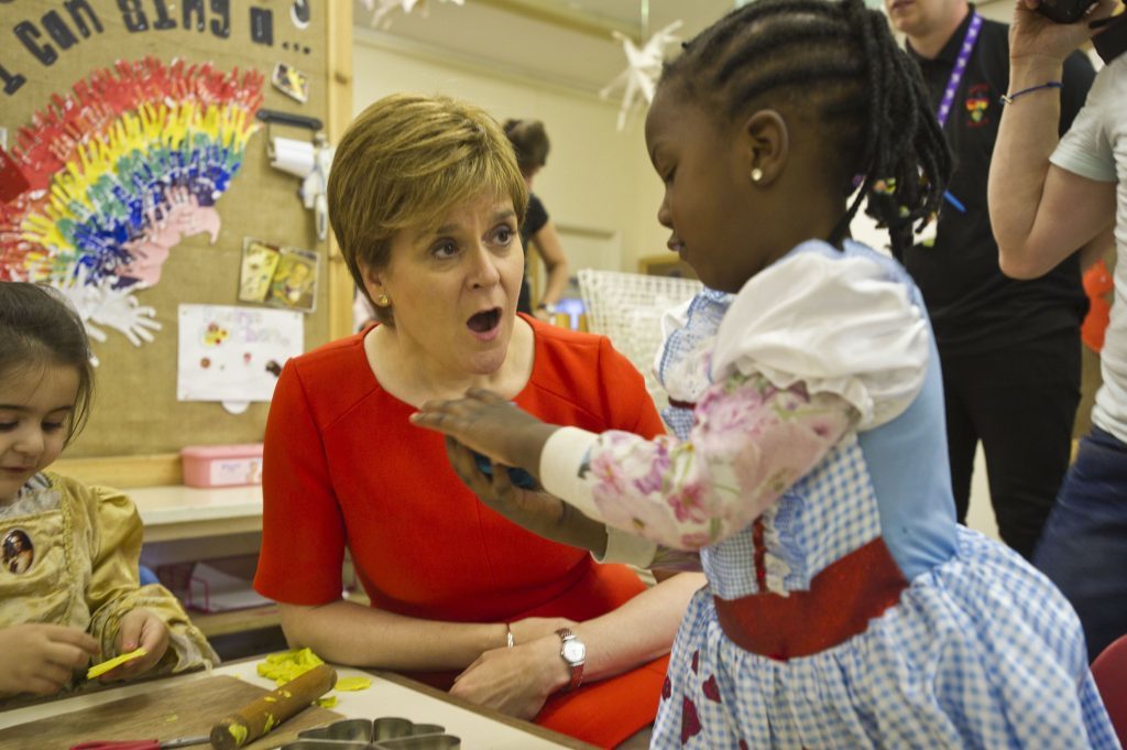 First Minister Nicola Sturgeon meets some of the children (name not given) at the Butterfly Nursery in Arden, Glasgow, who are among the first recipients of the doubling of free childcare. (John Gunion/The Scottish Sun/PA Wire)