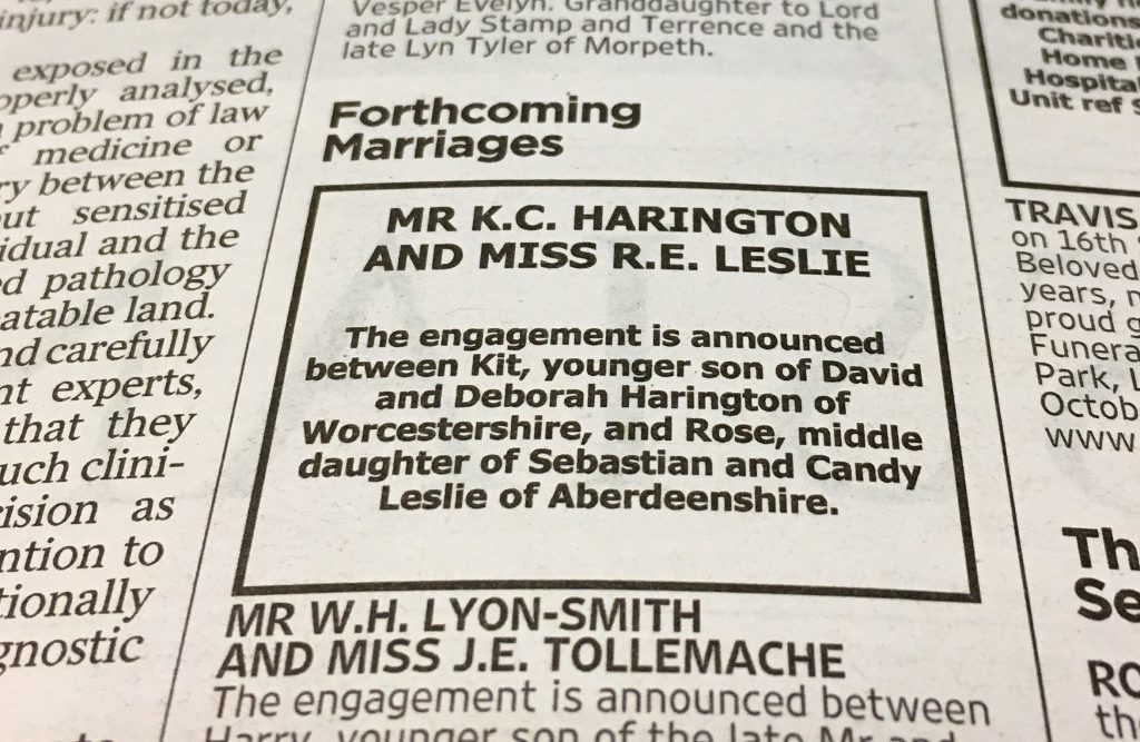 The announcement in The Times newspaper of the engagement between Game Of Thrones stars Kit Harington and Rose Leslie. (PA Wire)