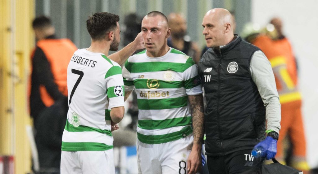 Celtic's Scott Brown (right) is replaced after suffering an injury (SNS Group)