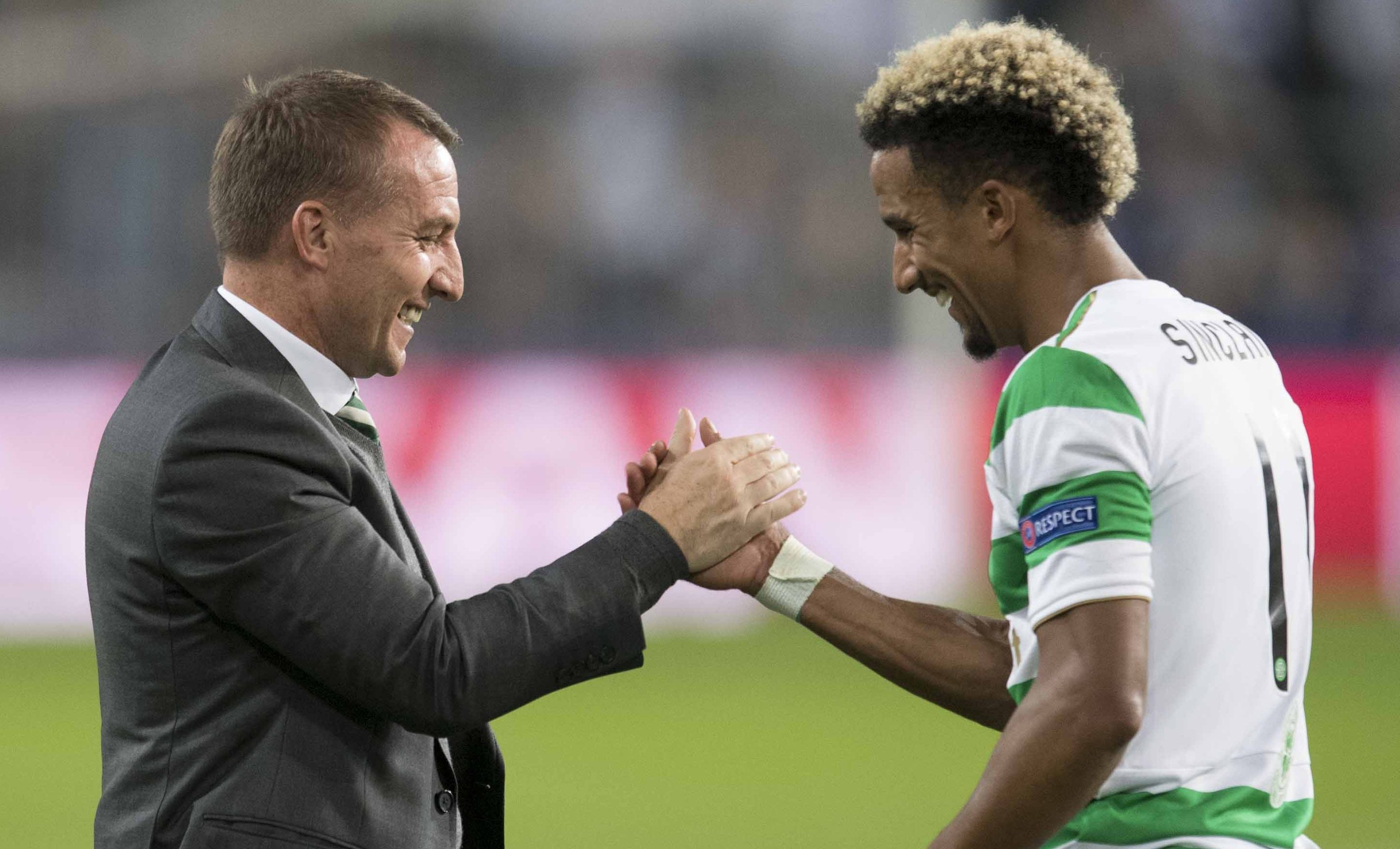Celtic manager Brendan Rodgers (left) with Scott Sinclair at full time (SNS Group / Craig Williamson)