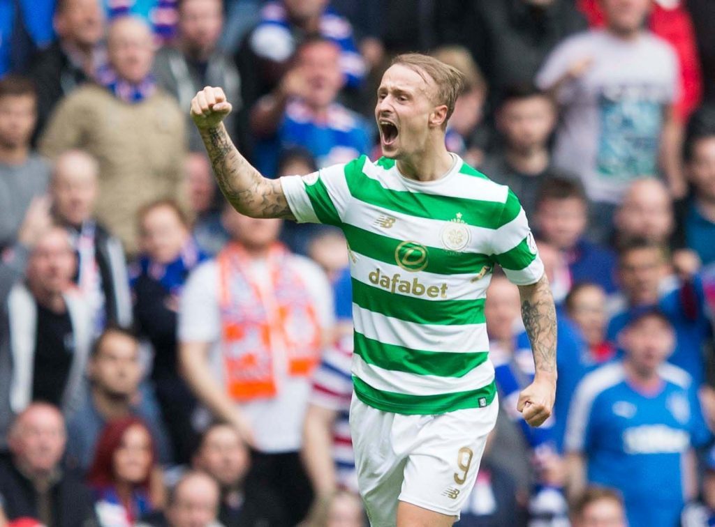 Celtic's Leigh Griffiths celebrates scoring his side's second goal of the game during the Ladbrokes Scottish Premiership game at the Ibrox Stadium, Glasgow. (Jeff Holmes/PA Wire.)