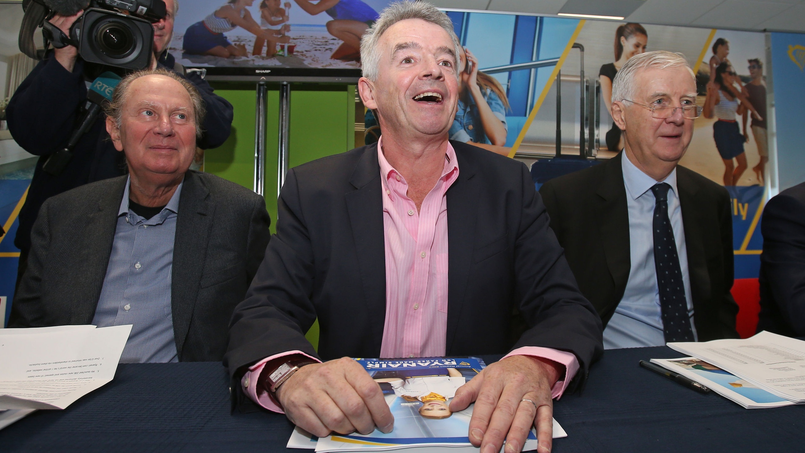 Ryanair chief executive Michael O'Leary, centre, with Director David Bonderman, CEO directors Kyran McLaughlin, left, and Howard Millar during the company's AGM at the their Dublin headquarters (Niall Carson/PA)
