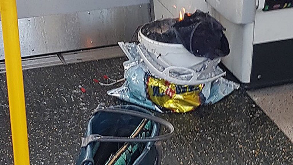  bucket on fire on a tube train at Parsons Green station in west London amid reports of an explosion (Sylvain Pennec/PA)