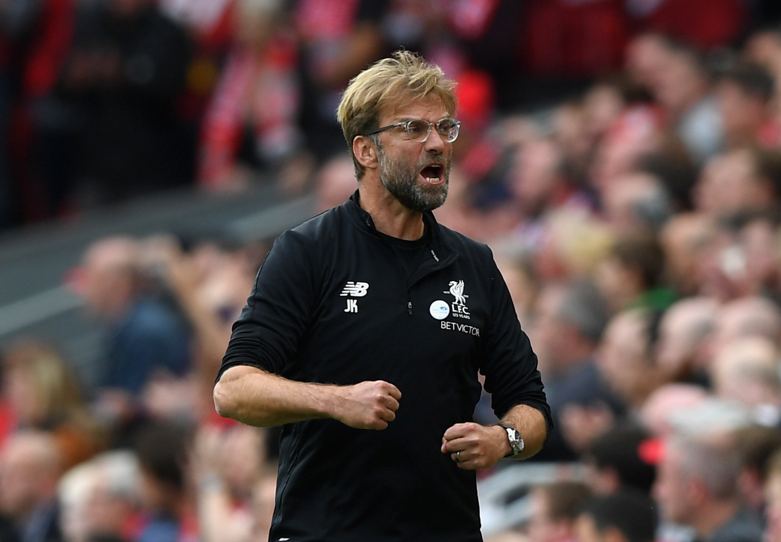 Jurgen Klopp, Manager of Liverpool reacts during the Premier League match between Liverpool and Manchester United at Anfield on October 14, 2017 in Liverpool, England. (Shaun Botterill/Getty Images)
