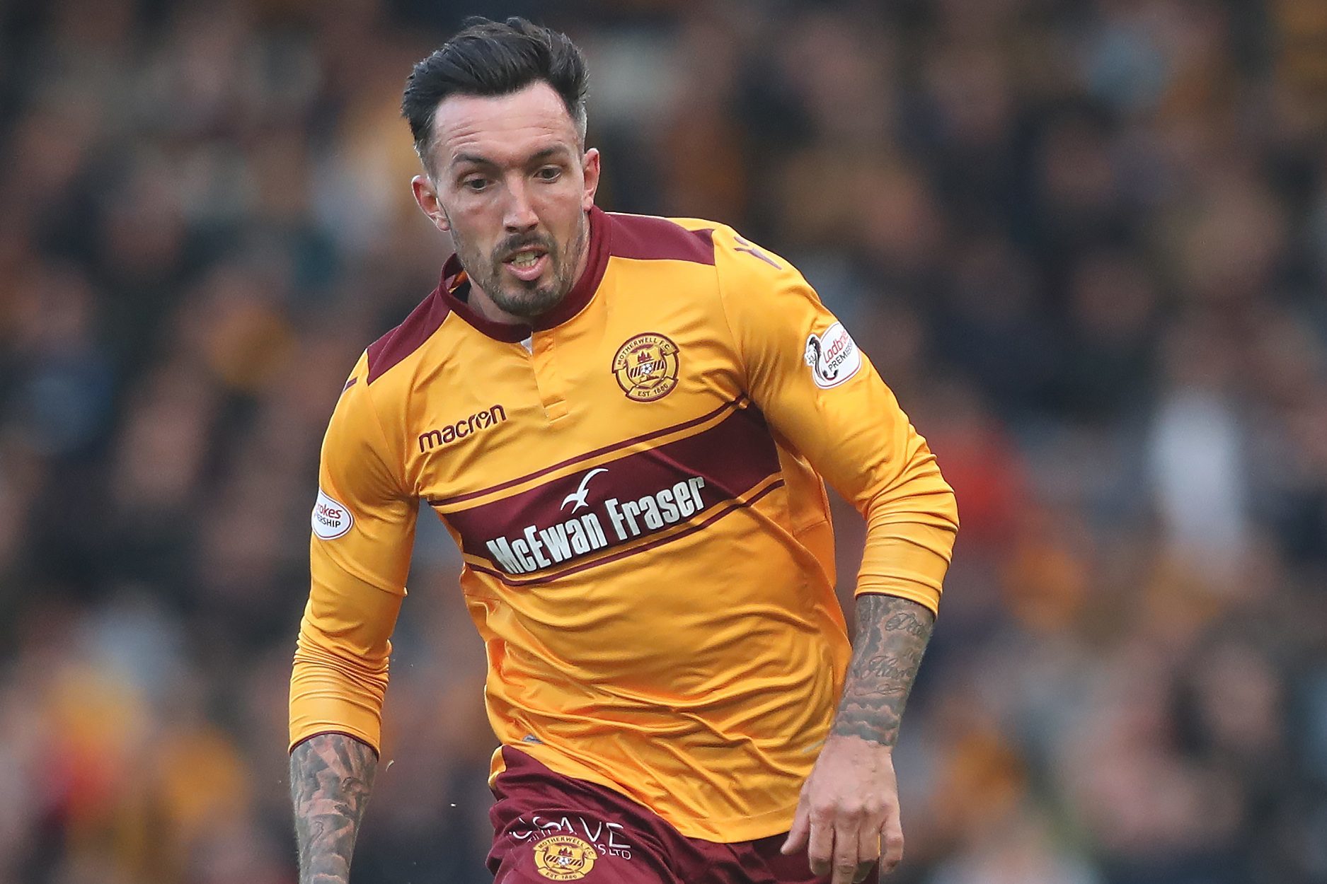 Ryan Bowman of Motherwell runs with the ball during the  Betfred League Cup Semi Final between Rangers and Motherwell at Hampden Park (Ian MacNicol/Getty Images)