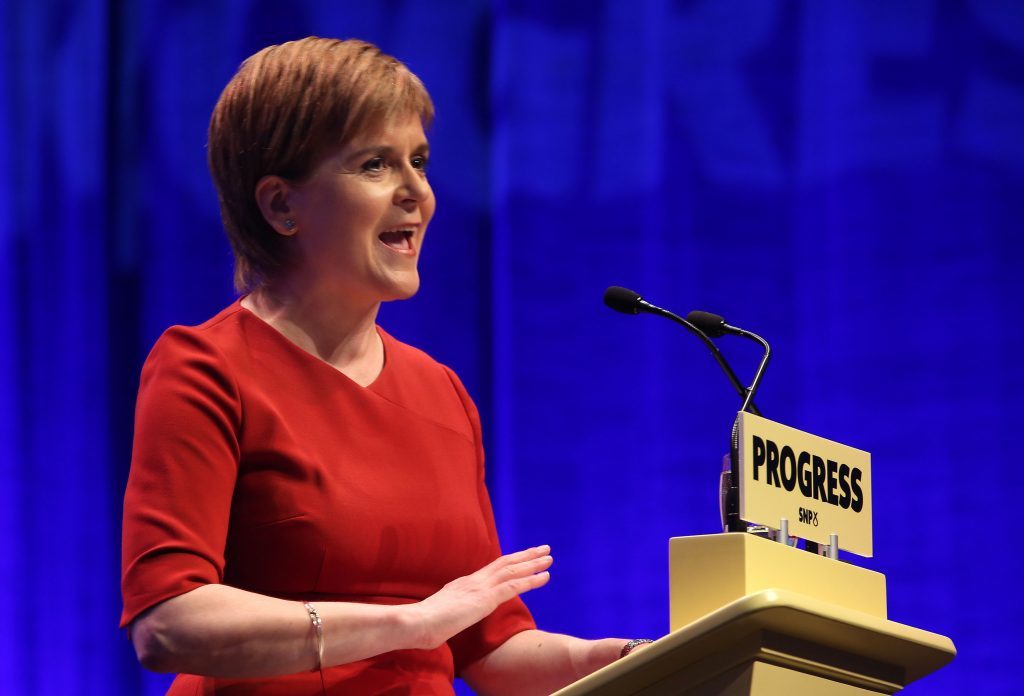 First Minister of Scotland Nicola Sturgeon addresses delegates at the Scottish National Party conference (Jane Barlow/PA Wire)