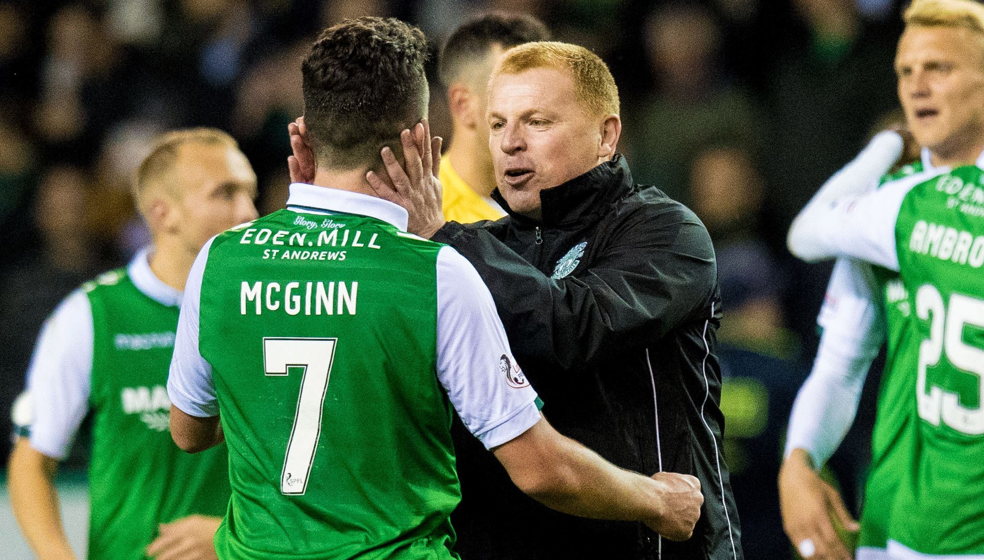 Hibs head coach Neil Lennon (right) with John McGinn at full time (SNS Group / Ross Parker)