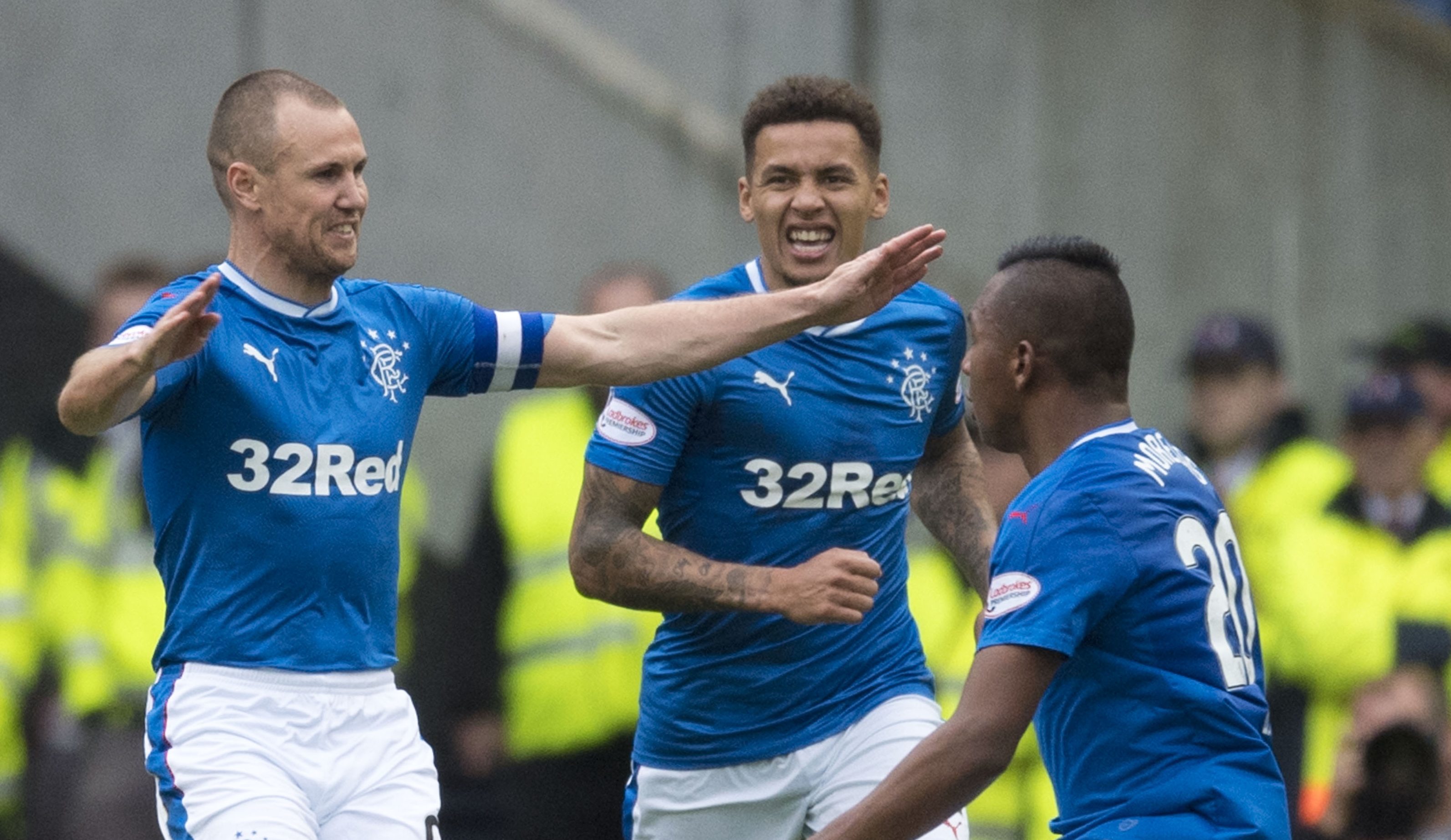 Rangers striker Kenny Miller (left) celebrates his equalising goal with his team-mates (SNS)