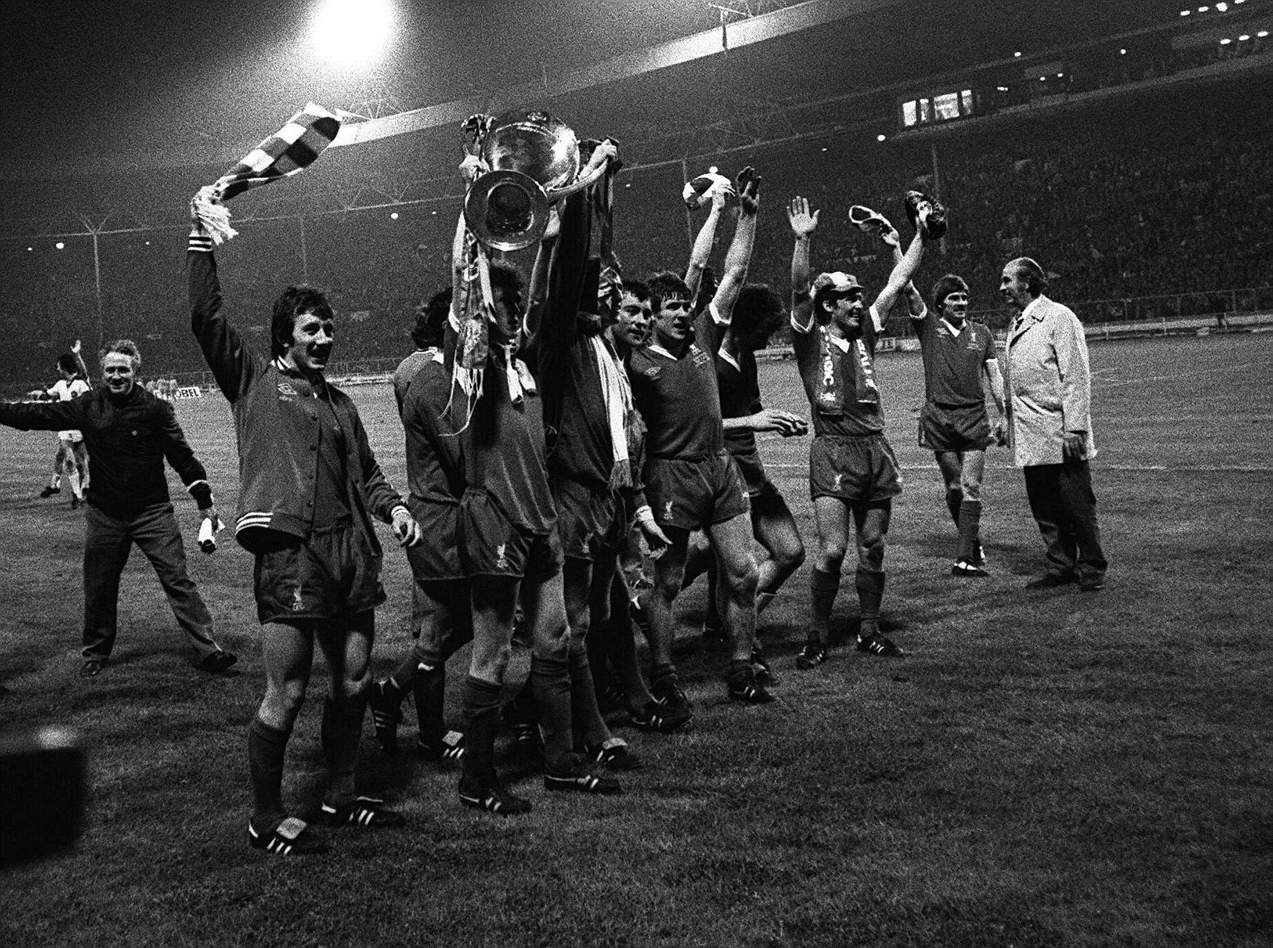 Kenny Dalglish (second right) celebrates with his Liverpool team-mates after his first European Cup win in 1978 (PA Archive)