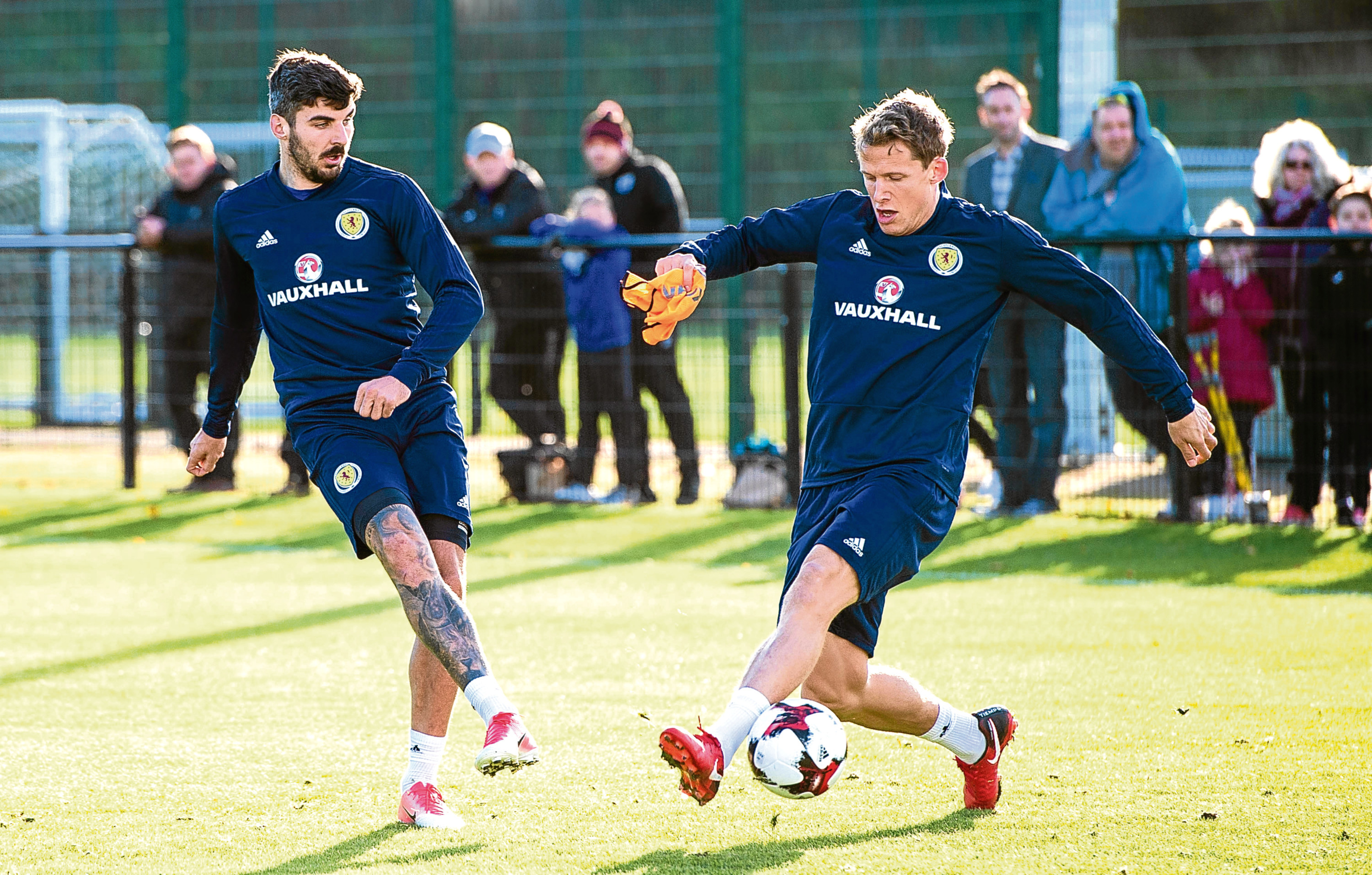 Scotland's Callum Paterson (L) and Christophe Berra training at Oriam (SNS Group)