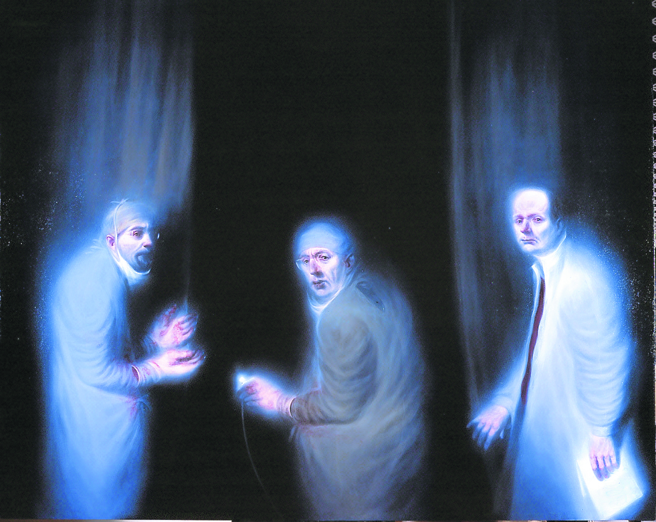 Professors Robert Steele, Alfred Cuschieri and Sir David Lane are ghostly figures in The Three Oncologists, Ken Currie’s painting expressing the horrors of cancer