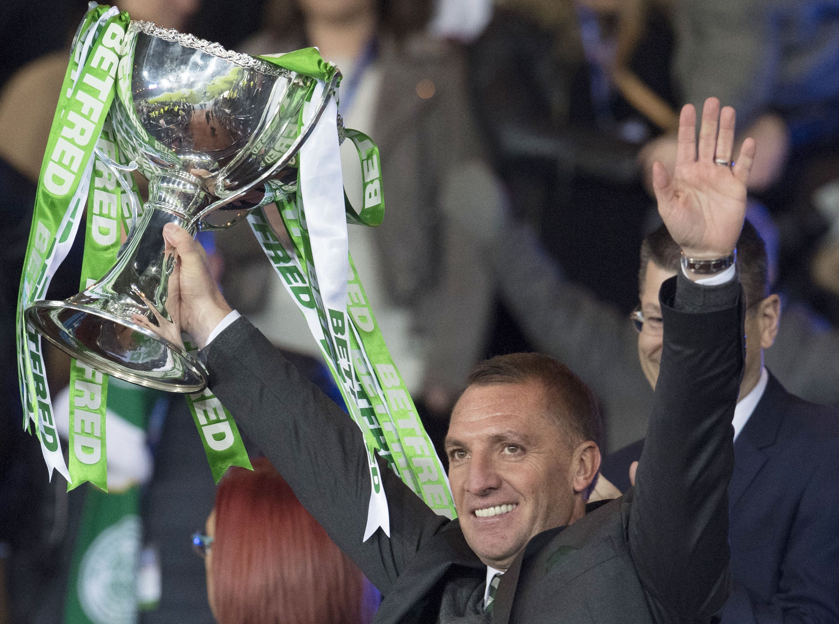 Celtic manager Brendan Rodgers with the Betfred Cup trophy (SNS)