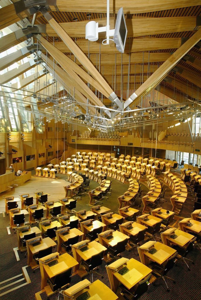 The debating chamber of the Scottish Parliament building. (Christopher Furlong/Getty Images)