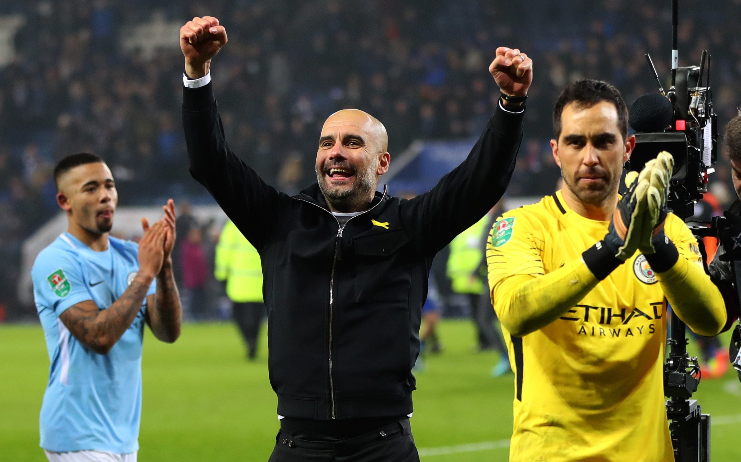 Pep Guardiola celebrates winning in the cup against Leicester on penalties (Catherine Ivill/Getty Images)
