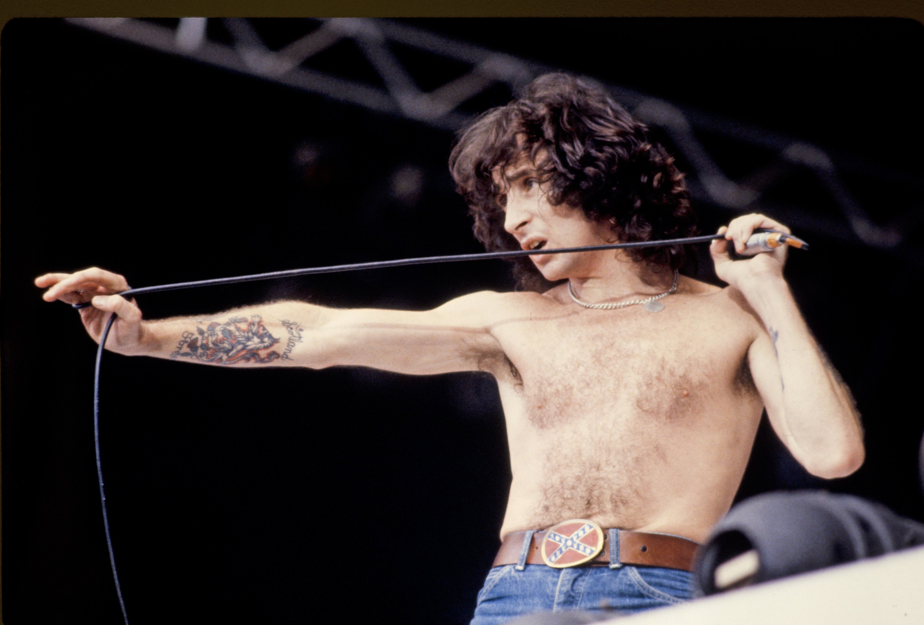 Bon Scott performs at Wembley Stadium on August 18, 1979 (FG/Bauer-Griffin/Getty Images)